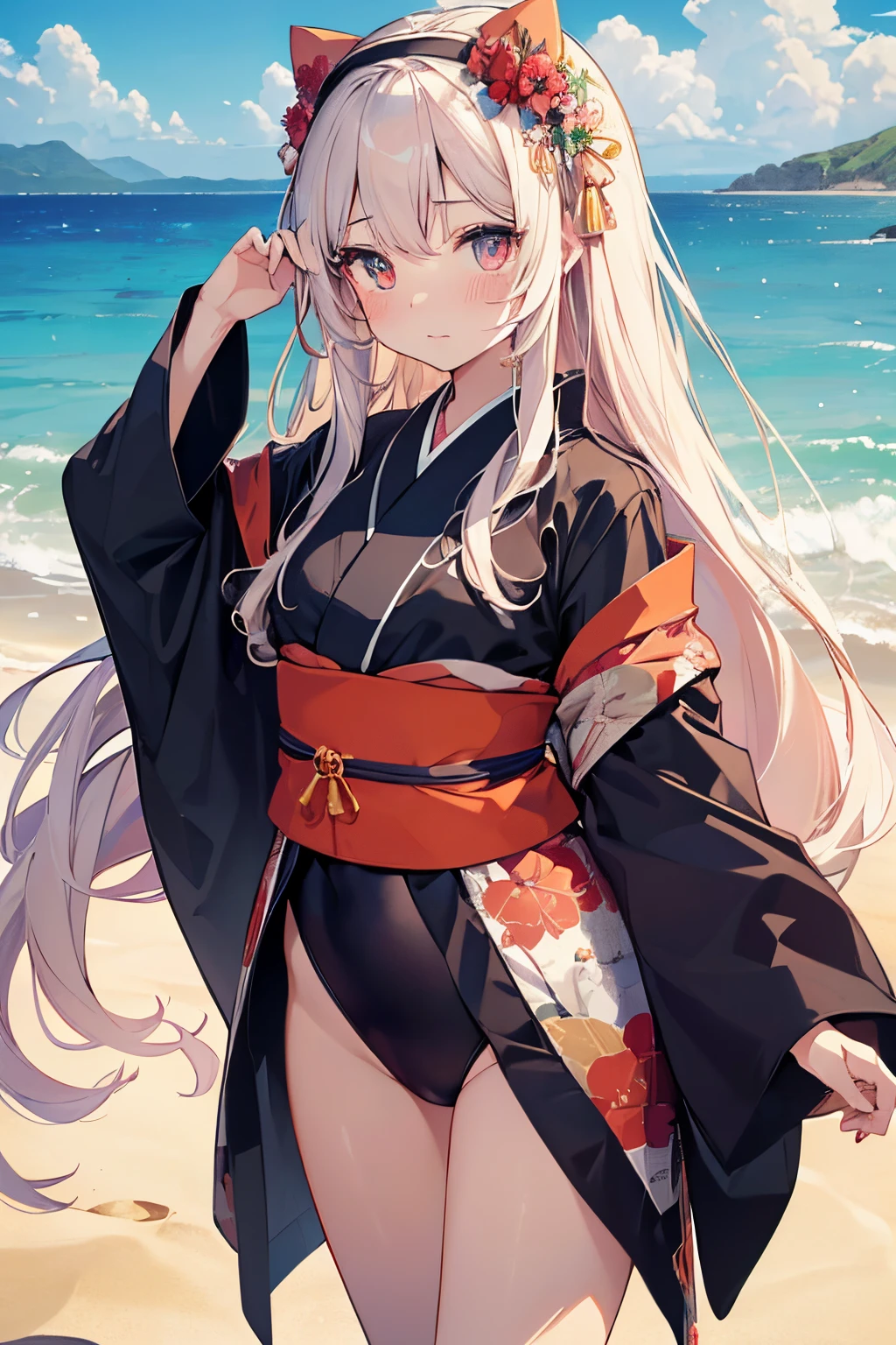 ((2D Beautiful Girl:1.5、top-quality:1.5、perfect fingers:1.1、perfect anatomia:1.1、Perfect outfit、Beautiful illustration))、cute it girl、(transform sequence)、((cute decorative headband、A cute kimono-style leotard))、12yold、SolFractal Art、baby-face、rightg hair))、Beautiful big drooping eyes、Red in the face and embarrassed、(fullllbody)、((1人))、Blue sky and sandy beach in the background、