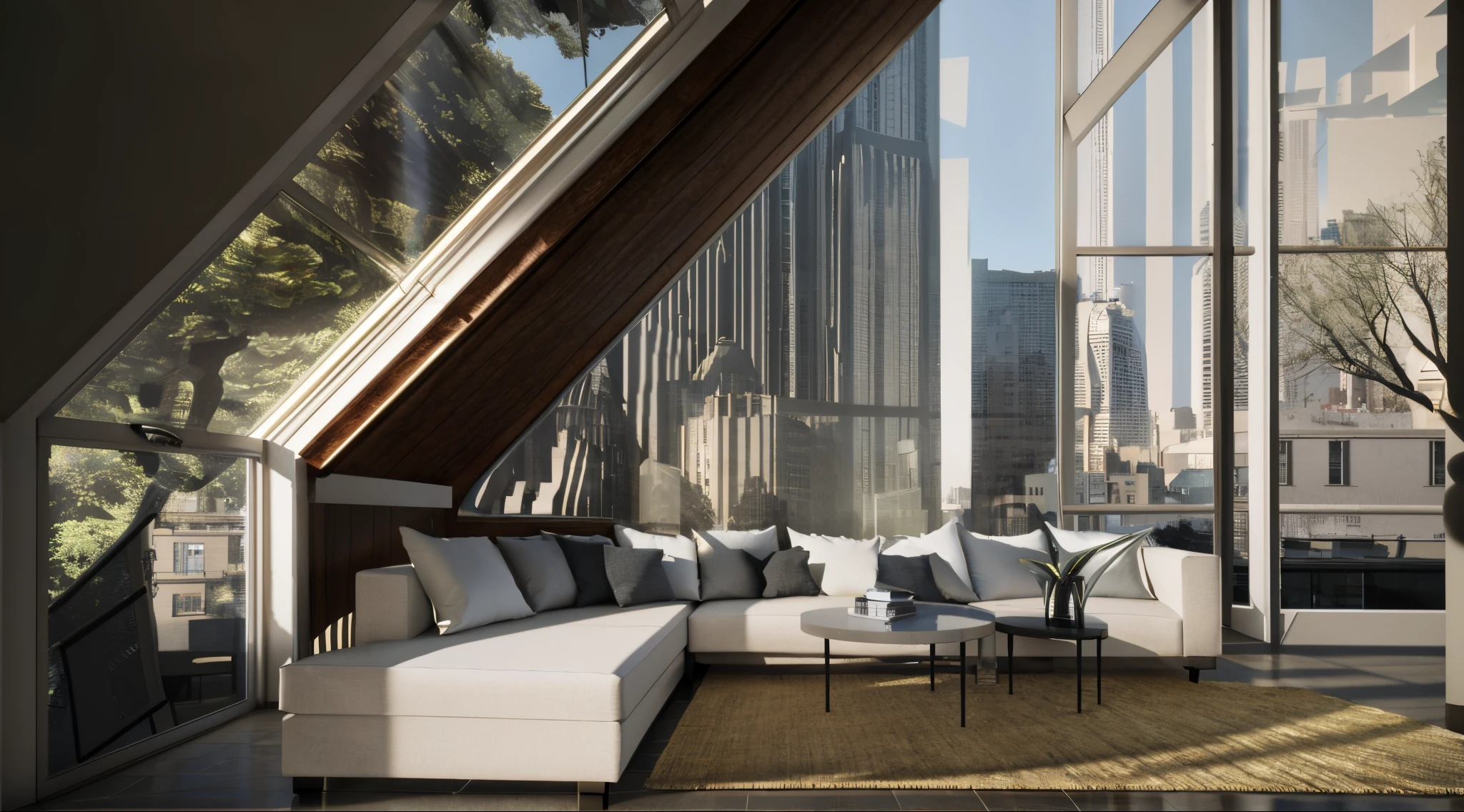 The room has large windows、Sofa and table, building rendering, building rendering, archviz, archviz, detailed archviz render, architectural 3d render, with backdrop of natural light, Dramatic lighting rendering, Vray rendering, Award-winning rendering, archviz, atmospheric render, Encapsulated rendering, dramatic rendering, realistic physical rendering