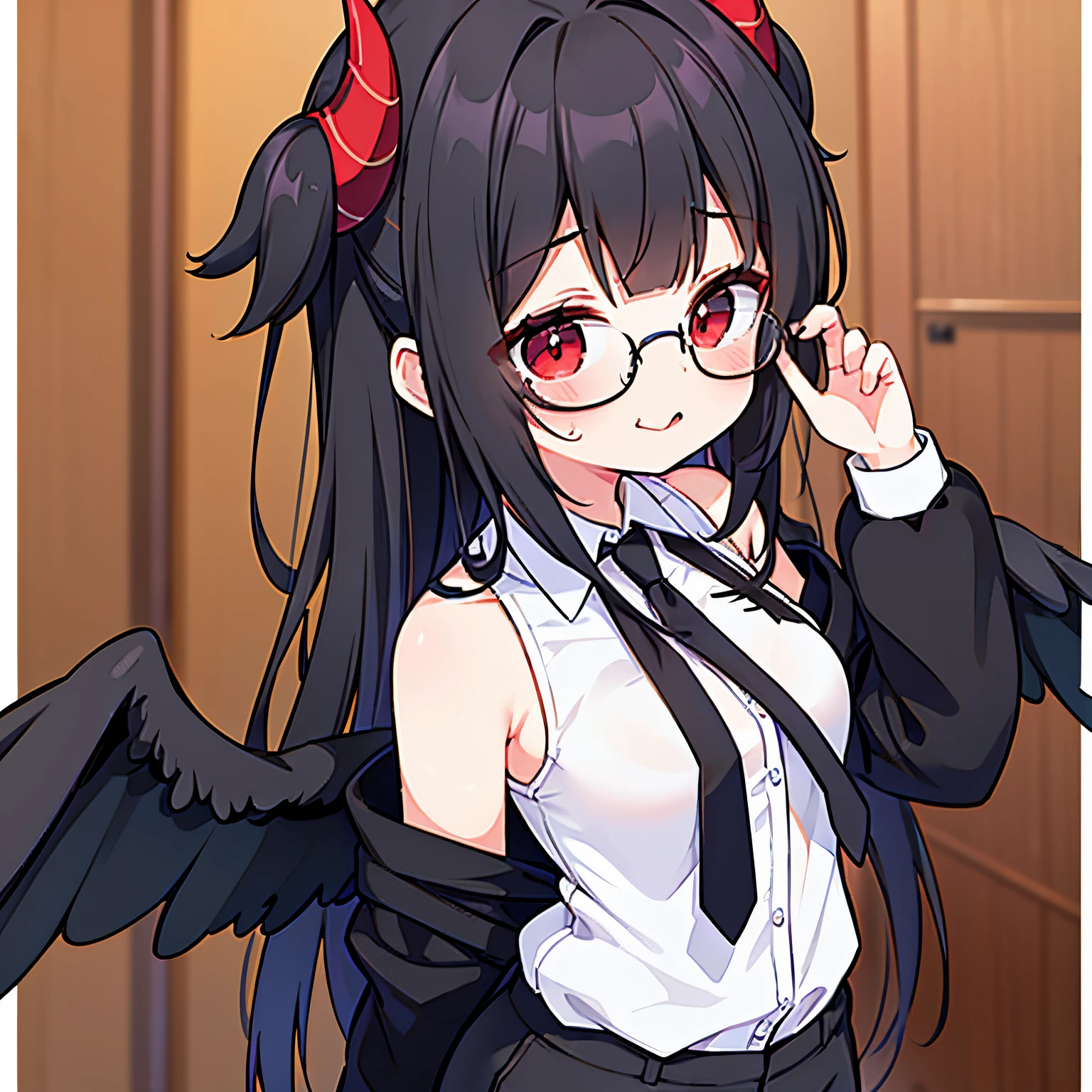 "anime girl, 1 person, black hair, shoulder length hair, red eyes, glasses, white horns, wearing a girl's shirt, tie, school clothes, big breasts, tight pants, licking lips, small black wings  back, solo, front view, (full HD 4K+ image)"