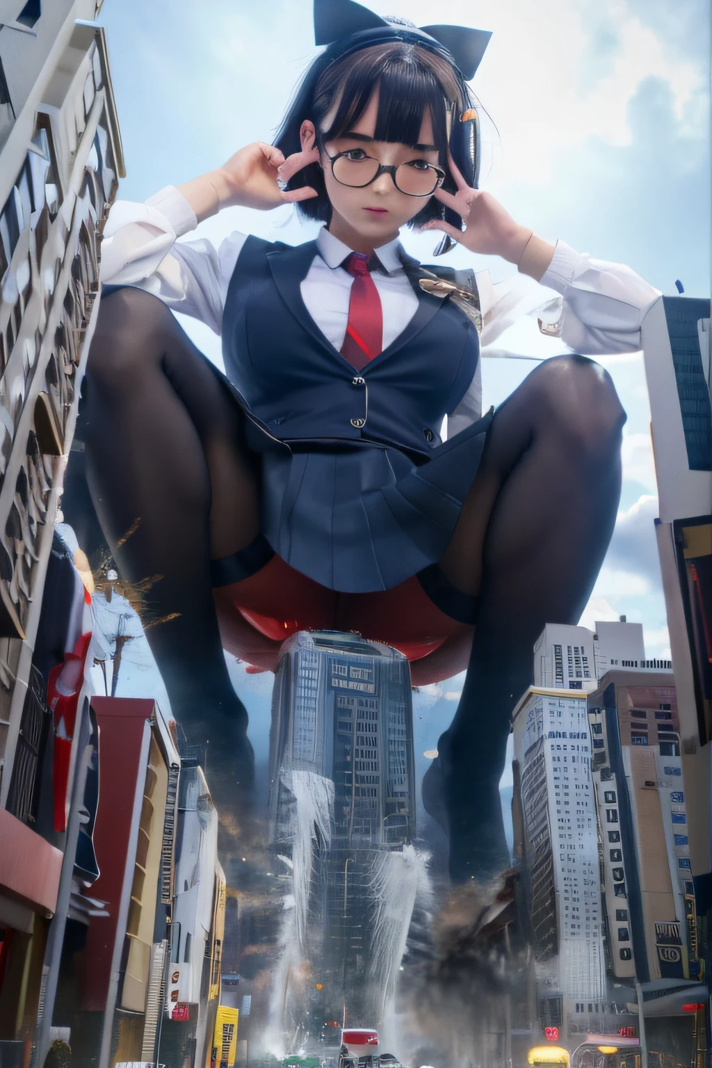 giantess art, a hyperrealistic schoolgirl, , highly detailed giantess shot, der riese, Shorthair, Black pantyhose, Giant high school girl much bigger than a skyscraper。Wearing rimless glasses。Colossal tits。Navy blue blazer、Red tie、Mini Length Skirt、Black pantyhose、Pantyhose sole、I'm not wearing shoes.。very small metropolis。miniature metropolis。Inside a miniature metropolis、squatting and urinating。A small building is washed away by a yellow tsunami..。Full body depiction。der riese, Black pantyhose, Pantyhose legs, Pantyhose feet, ,Stomping City,crash city,Small town,micro city, Peeing,