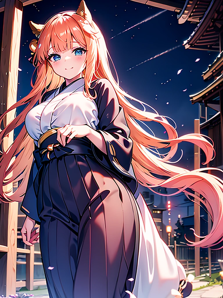 Anime illustration Plump body Beautiful girl Kyoto city at night Delicate and luxurious embroidery Black yukata Bright sunlight Fantasy Archaic smile Flowers bloom、Colossal tits、Sparkling eyes、fantastic light