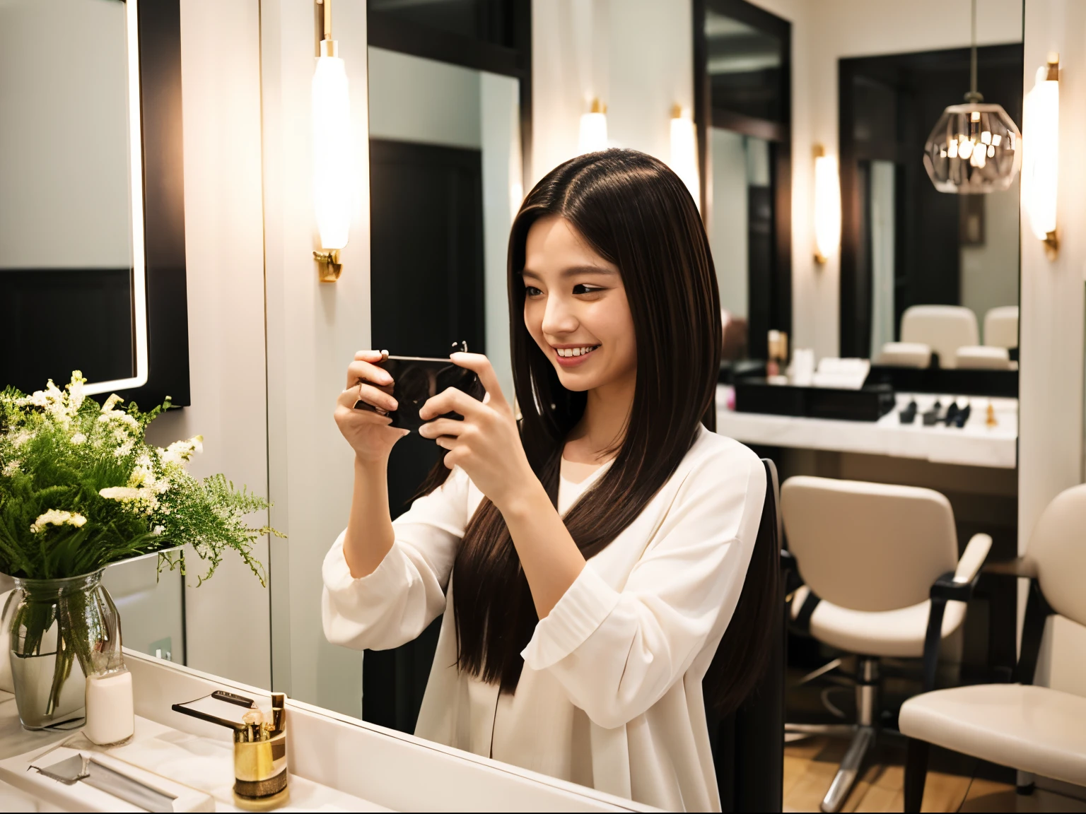 「in a stylish beauty salon、A scene in which a straight-haired woman takes a picture of her own hair with a cell phone。she is excited about her new hairstyle、The salon has a modern and photogenic interior.。」