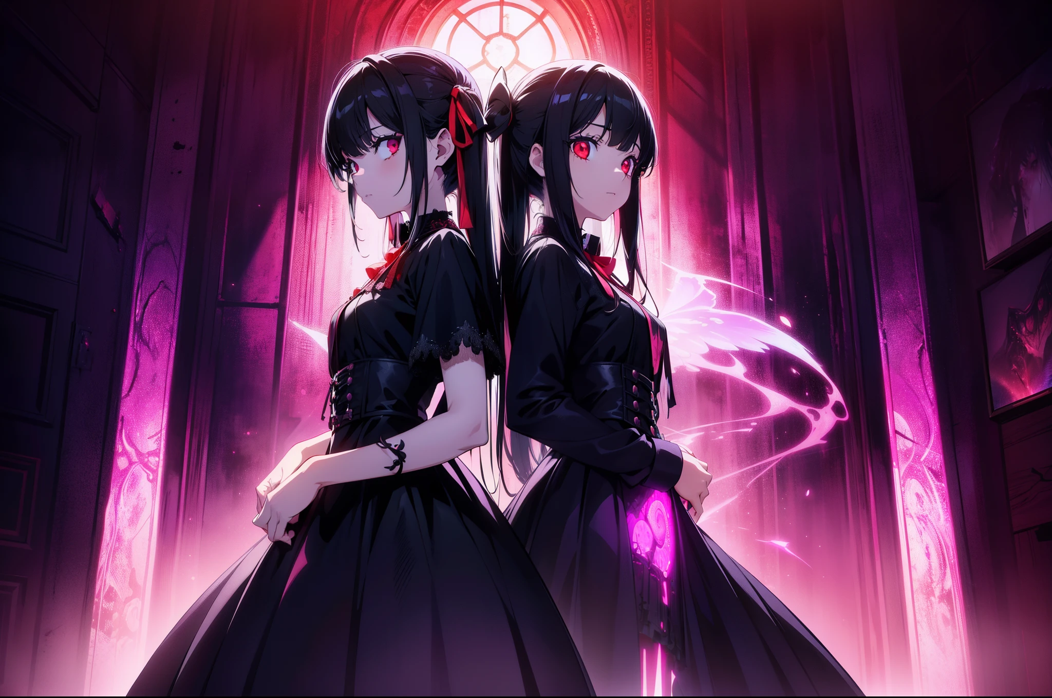 1 li girl ,standing in front of hell gate ,from side , character focus, concept art, fantasy art, (red and violet lighting),cinematic lighting , (rape face) ,black long straight hair, black hair, hair ribbon , red eyes,black dress, (glowing eyes), (((horror art))), high resolution,(incredibly absurdres) ,extremely detailed CG unity 8k wallpaper, ((masterpiece)), ((top-quality)), (beautiful illustration), ((an extremely delicate and beautiful))
