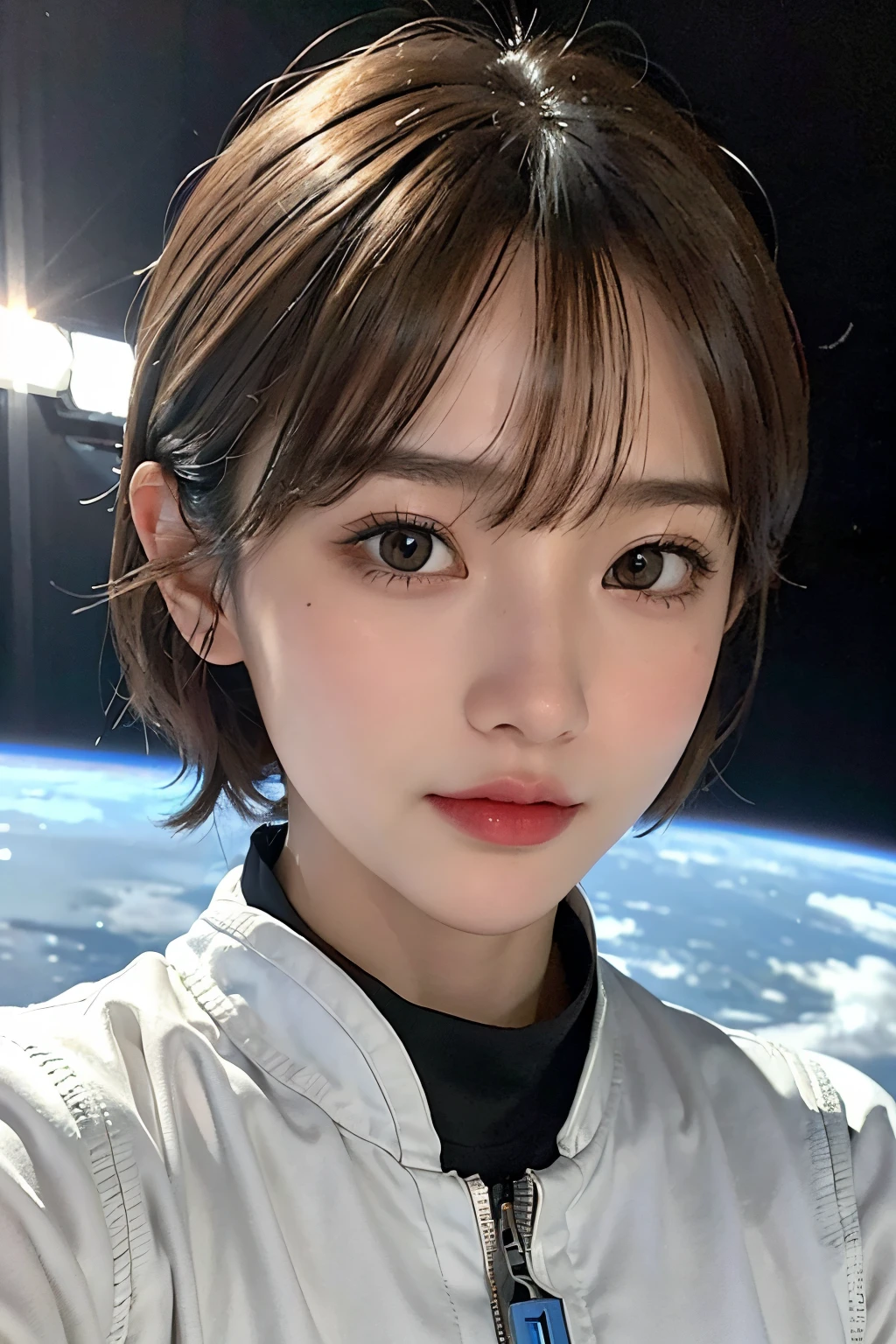top-quality、​masterpiece、超A high resolution、(realisitic:1.4)、Beautuful Women１、Beautiful detail eyes and skin、ssmile、Light brown short-cut hair、The perfect spacesuit、spaceships、cosmic space、ice planet、weak sunshine、