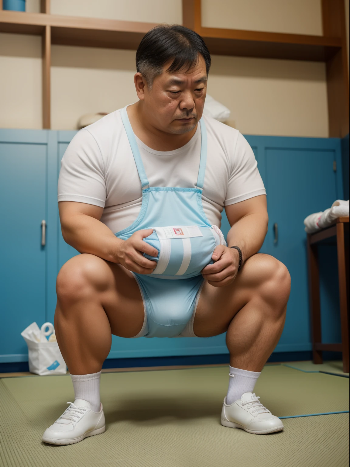 A thick man is 50yo in japan, He stand and slouching look down, dwarfism, Wearing a light blue short sleeve and white diaper, Pampers, Pacifier and bib, Bare legs, crew cut, tearful, expression of agony, There is a small puddle at his feet, from side, playroom, a picture, high detail photo, masterpiece