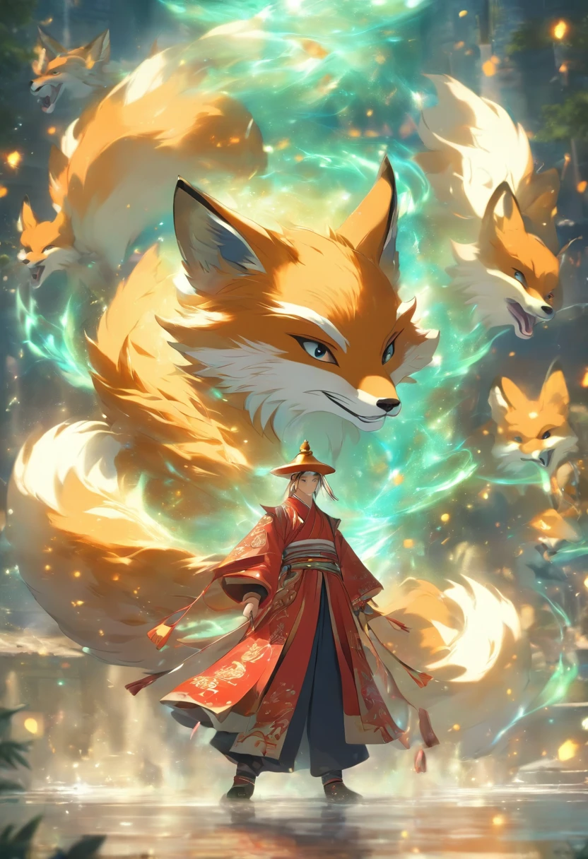 (tmasterpiece), (Best quality), Cinematic quality,Rendered by Octane,Ultra-detailed details,1 boy,Cool action,Wearing ancient Chinese Hanfu,(Ancient Chinese Formation:1.2),energy surround,light particle fluid,Fairy air fluttering,Luminous magic circle,Summon ancient beasts,(Behind him,is a huge fox:1.5)
