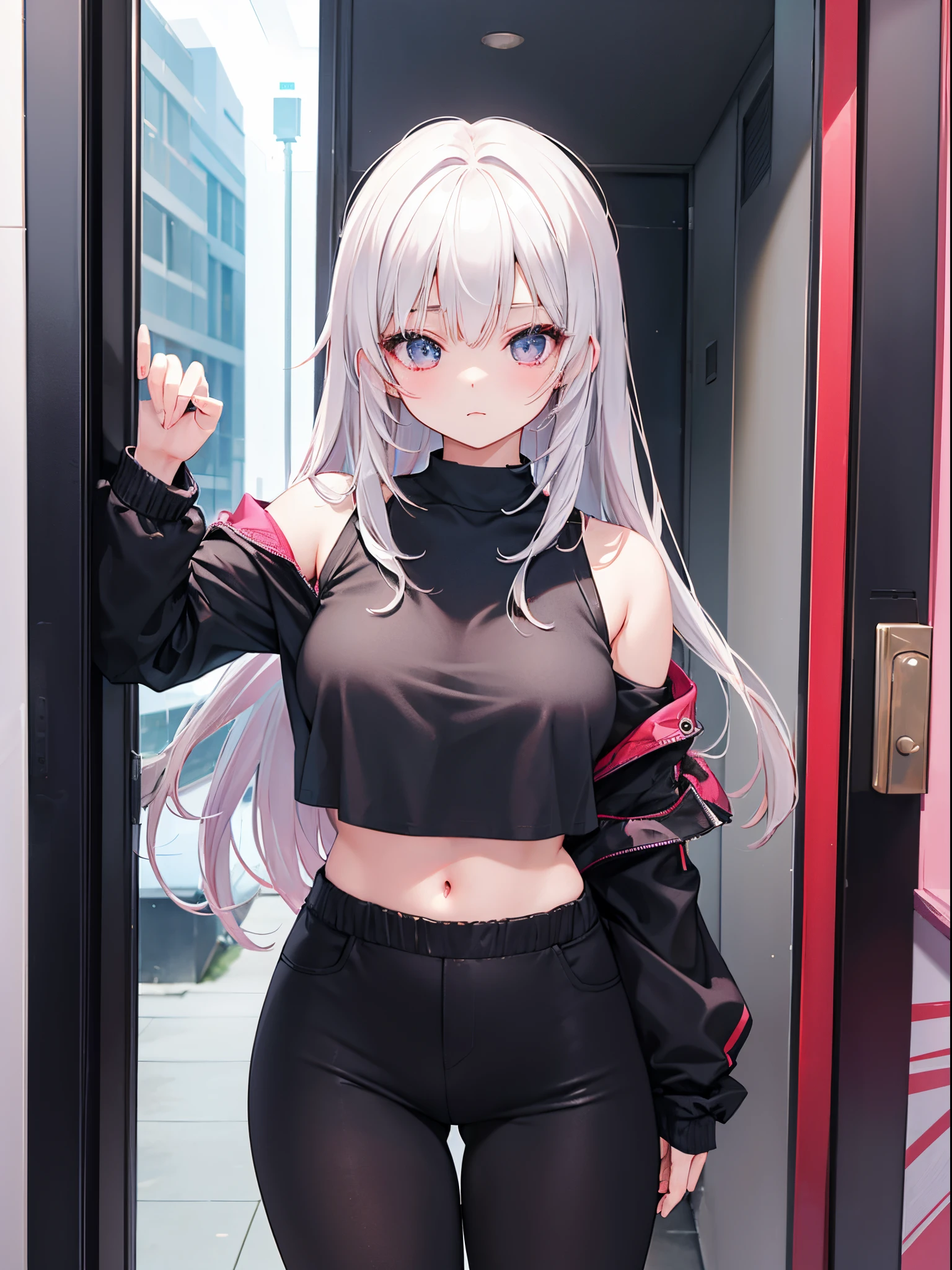 A woman who is，[Wear black leggings]!!!，Posing for photos leaning against the door, The head is not exposed，[Wear white short-sleeved upper body with belly button exposed]!!!，[Bust photo]!!!an anime drawing by Shitao, Hot topics on pixiv, scribbles, realistic anime 3D style, seductive anime girls, attractive anime girls, Guweiz style artwork, beautiful alluring anime , Casual pose, anime girl in real life, realistic young anime girl, ecchi style