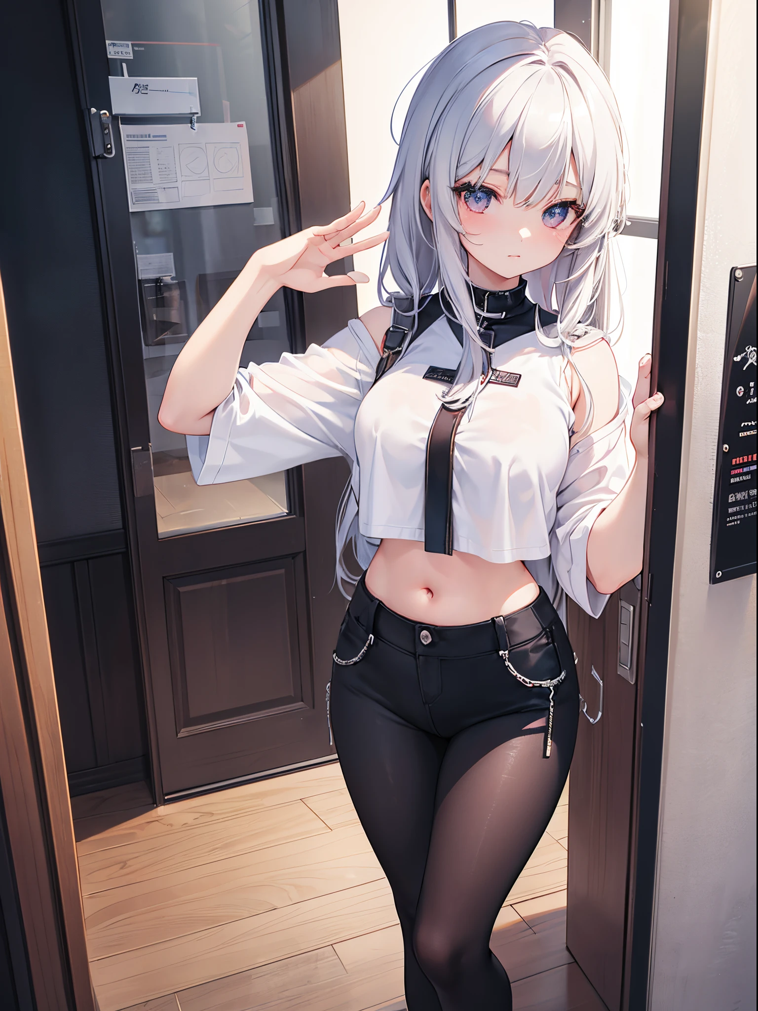 A woman who is，[Wear black leggings]!!!，Posing for photos leaning against the door, The head is not exposed，[Wear white short-sleeved upper body with belly button exposed]!!!，[Bust photo]!!!an anime drawing by Shitao, Hot topics on pixiv, scribbles, realistic anime 3D style, seductive anime girls, attractive anime girls, Guweiz style artwork, beautiful alluring anime teen, Casual pose, anime girl in real life, realistic young anime girl, ecchi style