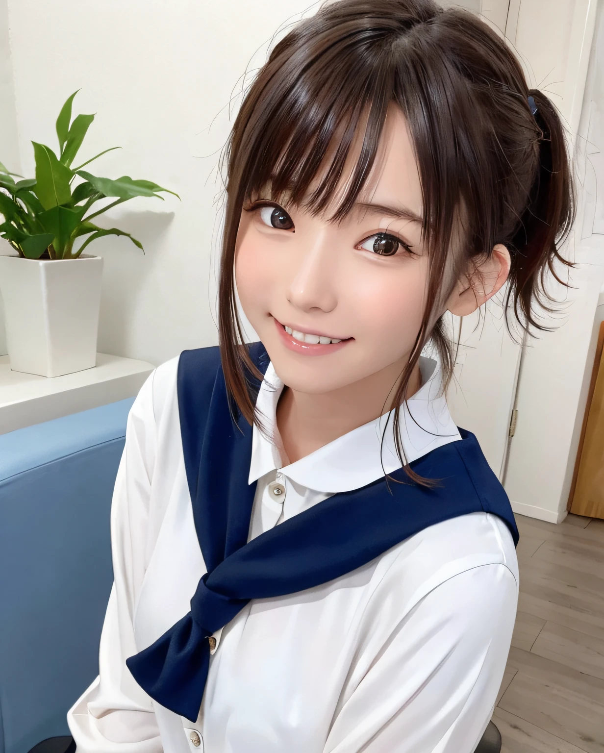 Ulchan-6500-v1.1, (Raw photo:1.2), (realistic:1.4), beautiful detailed girl, very detailed eyes and face, detailed and beautiful eyes, huge file size, (big), High resolution, very detailed, highest quality, [masterpiece:1.6], [JK uniform], figure, very detailed, cg, small details, highest quality, Highly detailed cg uniform 8k wallpaper, movie lighting, 1 girl, 17 years old, cute japanese , perfect figure, [unbuttoned white school blouse], big firm chest, [huge breasts, heavy chest: 1.6], Cute droopy eyes, beautiful big eyes, white school blouse, see through bra, sweaty and wet, [sexual excitement: 1.1], [sexual excitement: 1.1] lying on the bed: 1.5], raised his hand,  tie a ribbon around the neck, smile, (the whole body is wet), shining eyes