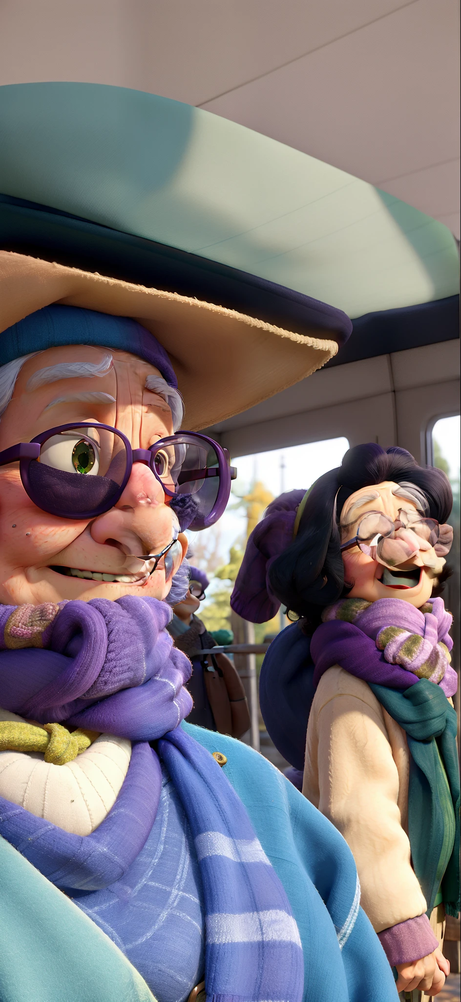 masterpiece, best quality, an old woman with glasses and a scarf on, wearing a purple coat and green scarf, standing at the park