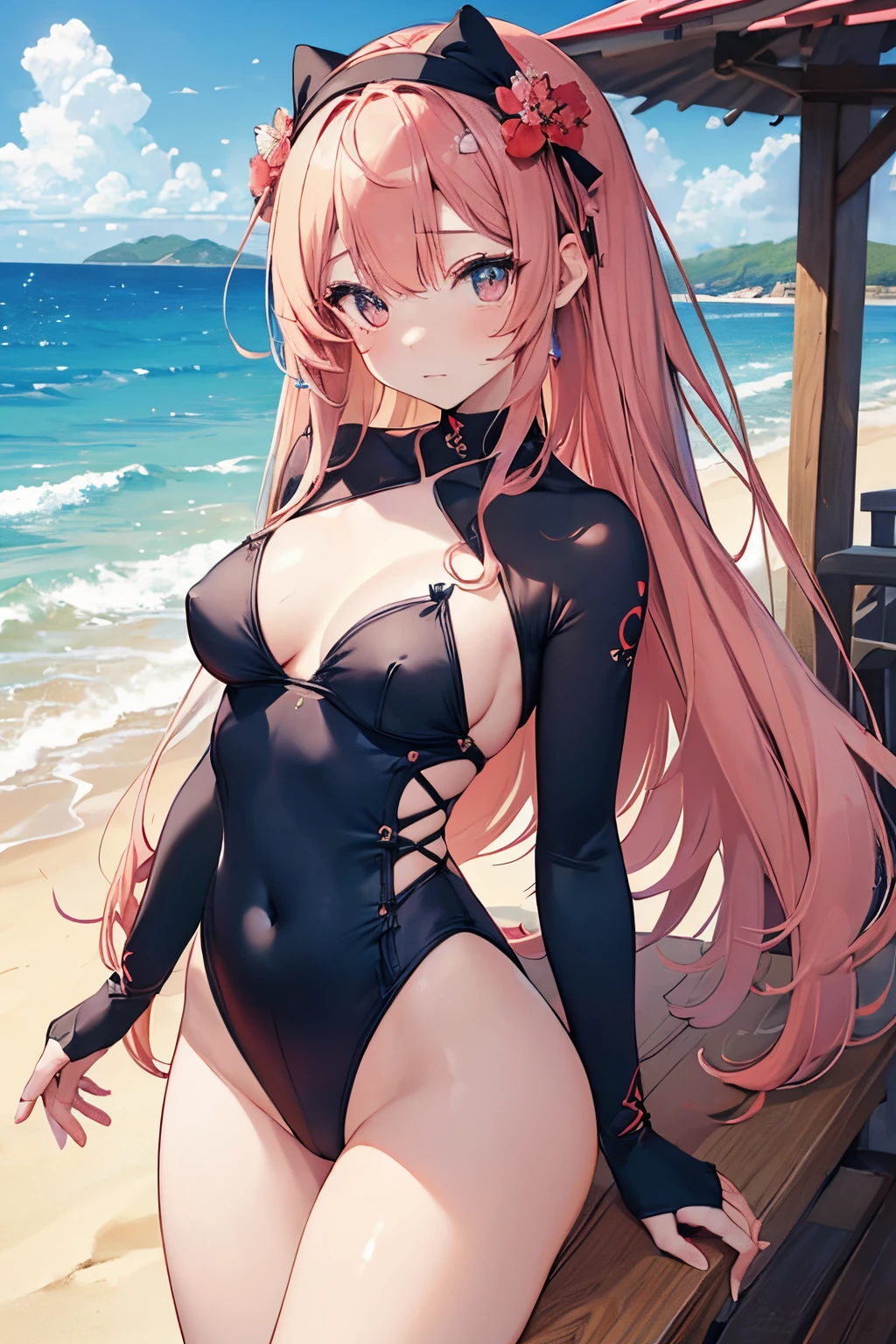((2D Beautiful Girl：1.5、top-quality：1.5、perfect fingers:1.1、perfect anatomia:1.1、Perfect outfit、Beautiful illustration))、cute petit girl、(transform sequence)、((cute decorative headband、Pretty ninja-style leotard))、12year old、Solio、Fractal Art、baby-face、((stright long hair))、Beautiful big drooping eyes、Red in the face and embarrassed、（fullllbody）、((1人))、Blue sky and sandy beach in the background、
