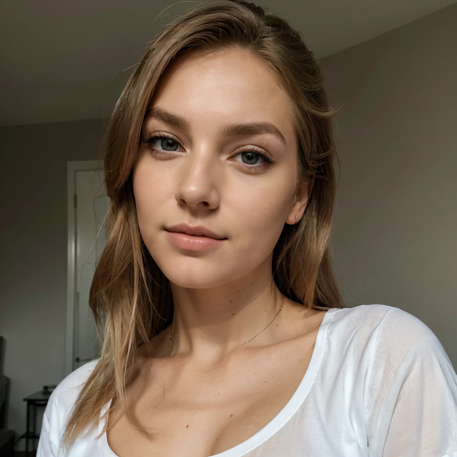 HD quality, Maximale Detailgenauigkeit, Full body portrait of beautiful woman, Feldtiefe, Perfekte Frau, 25 Jahre, Hair covered the breasts, Schminke, Lange Haare, Perfektes Gesicht, Pretty mouth, pretty nose, sinnliche Frau, Gesicht mit sarkastischem Gesichtsausdruck, schwedisch, schlafzimmer hotel hintergrund, blondes Haar, blaue Augen, nasty gaze, T-Shirt, realistisch, Details, Stil: Detailfoto