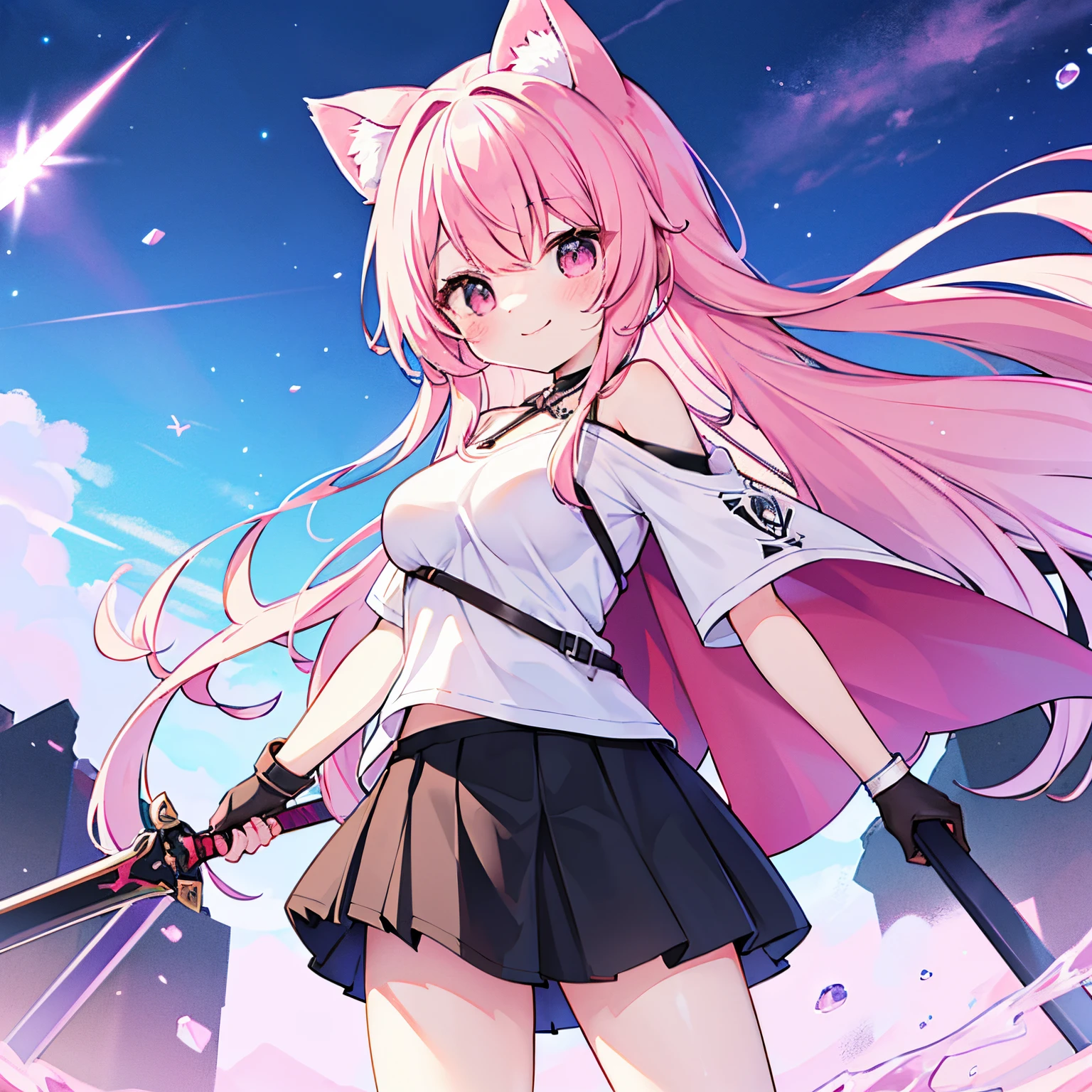 "anime girl, 1 person, pink hair, pink cat ears, pink eyes, t-shirt, white t-shirt, black women's open-shoulder jacket, black miniskirt, big breasts, has twin takana swords on her back, takana swords,  There are ice crystals flying around behind, holding a sword, fighting, dual takana swords, smiling triumphantly, solo, frontal view, standing cross-legged. (full HD 4K+ image)"