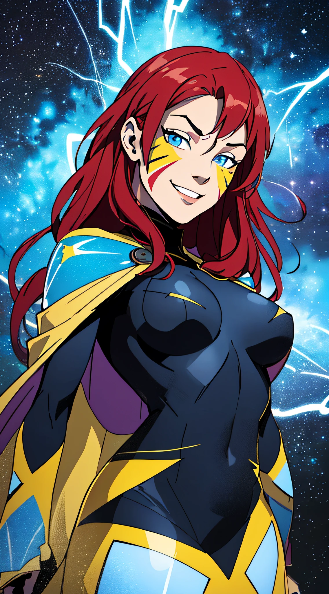 "(masterpiece:1.1), best quality,
1girl, (80s anime style:1.3), (eyelashes:1.5), (:1.2),
(intricate high detailed body:1.2),
red hair,
(hair over one eye:1.1),(long hair, wavy hair:1.1),
blue eyes, (red lip stick:1.4),
(pale skin body:1.3), (muscular:1.1), (large breasts:1.1),
grin,
(golden embroidery body suit armor, cleavage cutout:1.2), (pantyhose:1.1),
(knight armor, armored boots:1.2), (ribbon:1.1), (earrings:1.1), long gloves,
standing, arms behind back,
(cowboy shot, full body, looking at viewer, from front:1.1),
(daytime, grassland, outdoors:1.1)"