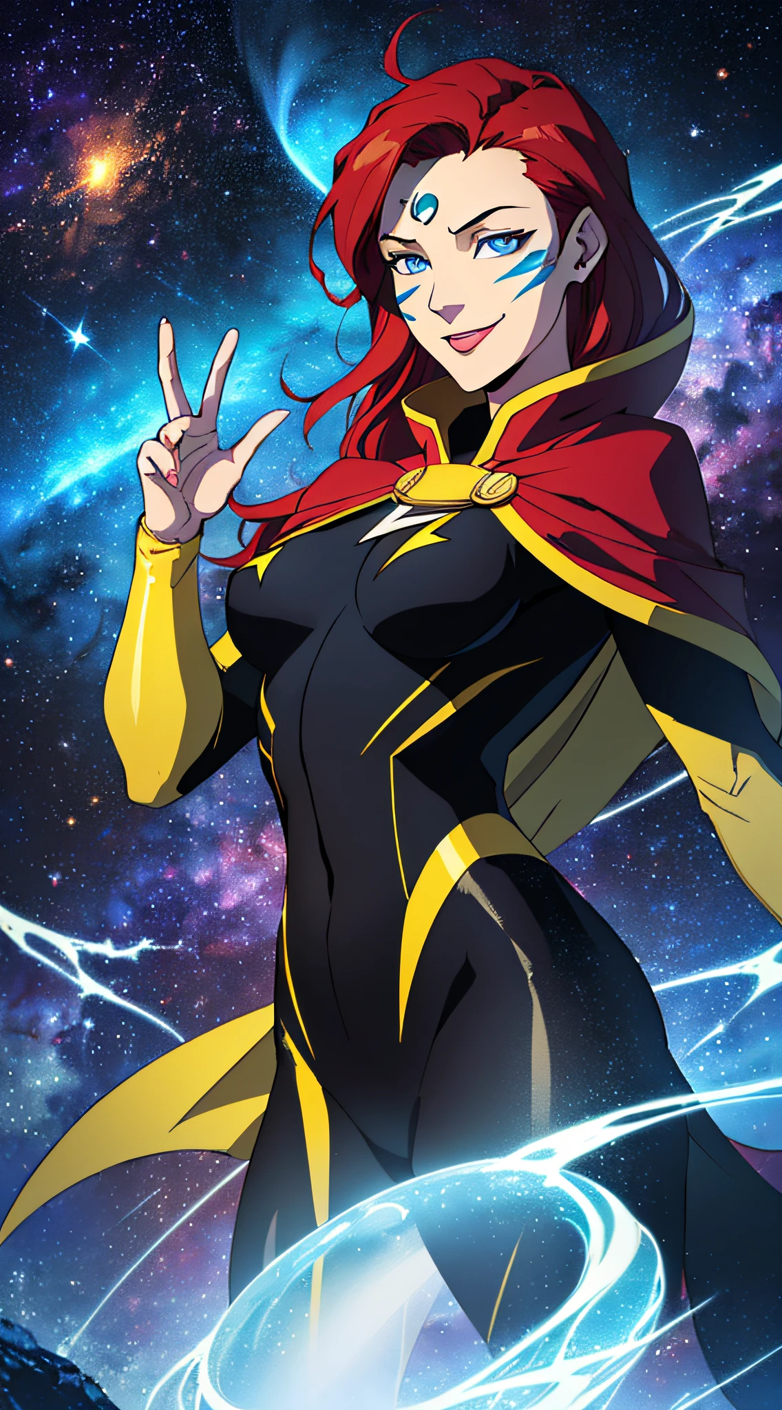 top-quality、Top image quality、masterpiece、girl with((、cute little、Best Bust、big bast,Beautiful blue eyes、Breasts wide open, long black and red hair、A slender,Large valleys、,black and yellow bodysuit、blue lightning face paint、Grinning face、piece sign、floating state、blue cloak)),hiquality、Beautiful Art、Background with((cosmic space、weightless、floating state)))、,masutepiece、visualart、depth of fields、