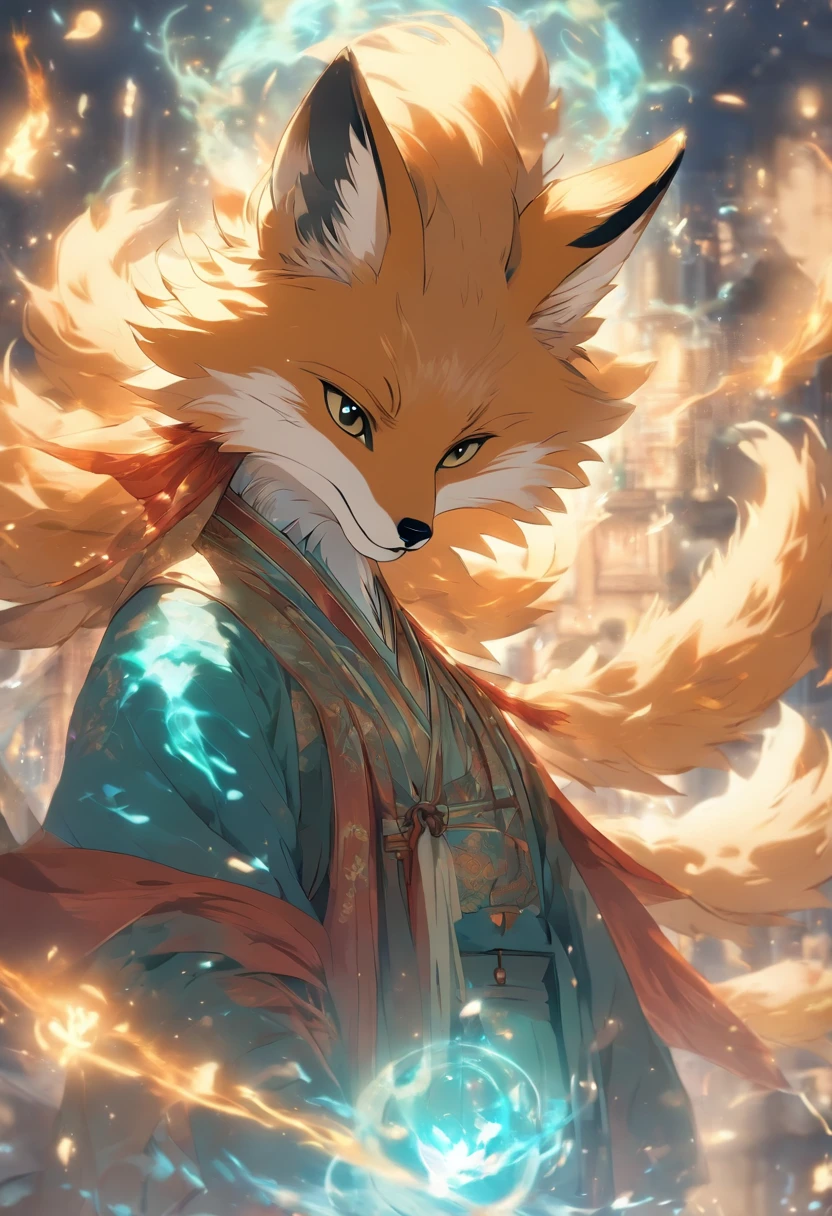 (tmasterpiece), (Best quality at best), Cinematic quality,Rendered by Octane,Ultra-detailed details,1 boy,Cool action,Wearing ancient Chinese Hanfu,(Ancient Chinese Formation:1.2),Energy surrounds,blue energy particle fluid,Fairy air fluttering,Luminous magic circle,Summon ancient beasts,(Behind him,is a huge fox:1.5)