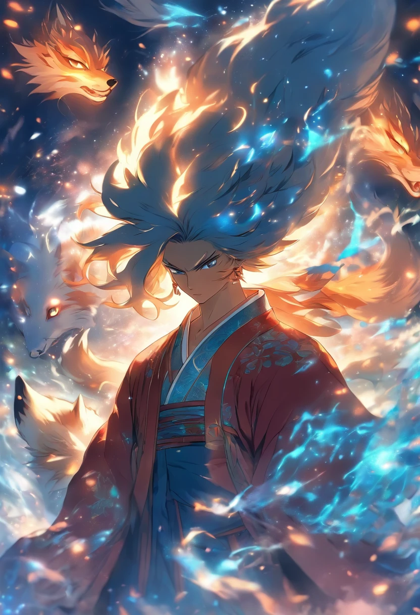 (tmasterpiece), (Best quality at best), Cinematic quality,Rendered by Octane,Ultra-detailed details,1 boy,Cool action,Wearing ancient Chinese Hanfu,(Ancient Chinese Formation:1.2),Energy surrounds,blue energy particle fluid,Fairy air fluttering,Luminous magic circle,Summon ancient beasts,(Behind him,is a huge fox:1.5)