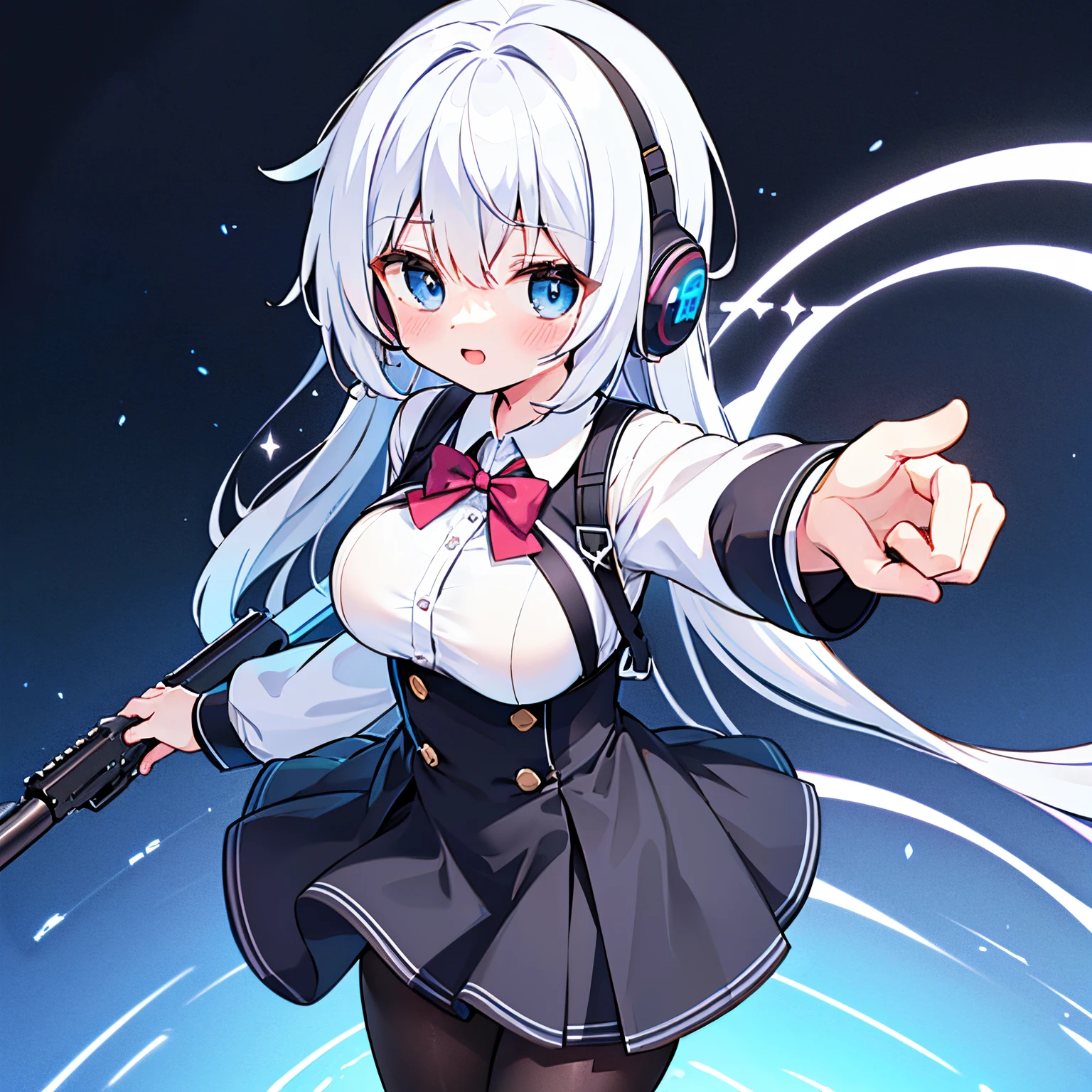 "anime girl, 1 person, silver-white hair mixed with black, blue eyes, wearing headphones, female shirt, female school uniform, big breasts, tights, standing cross-legged, holding a gun pointing at the perspective  , side view, (full HD 4K+ image)"