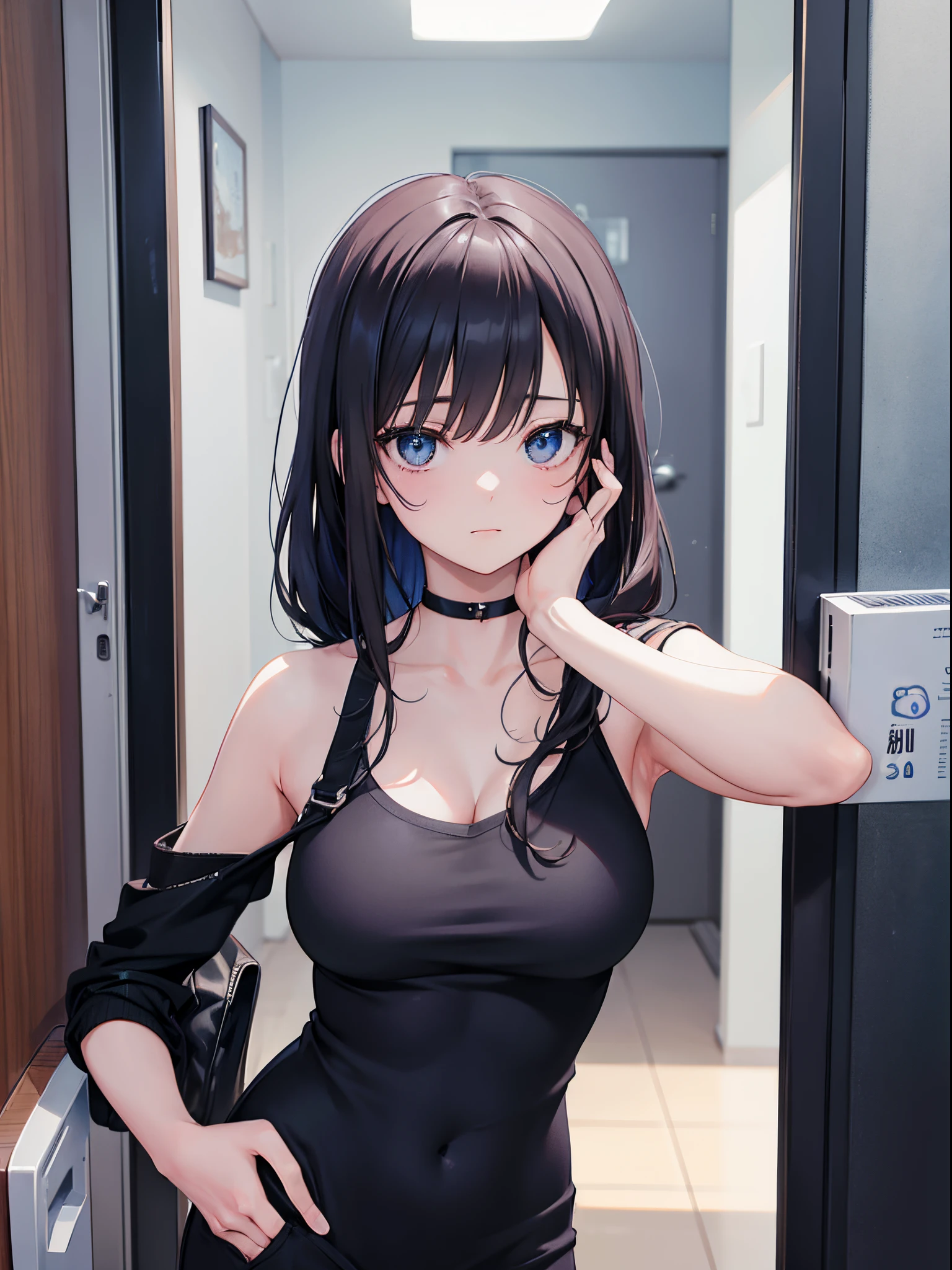 A woman leaning against the door posing for a photo, The head is not exposed，Wearing half-sleeved upper body，[ 4K realism ]!!, [ 4K realism ]!!!, [ 4K digital art ]!!, Realistic shadow perfect body, realisticlying!!!!!!! art-style, photorealistic anime, by Shitao, Popular topics on cgstation, Casual pose, realistic anime 3D style