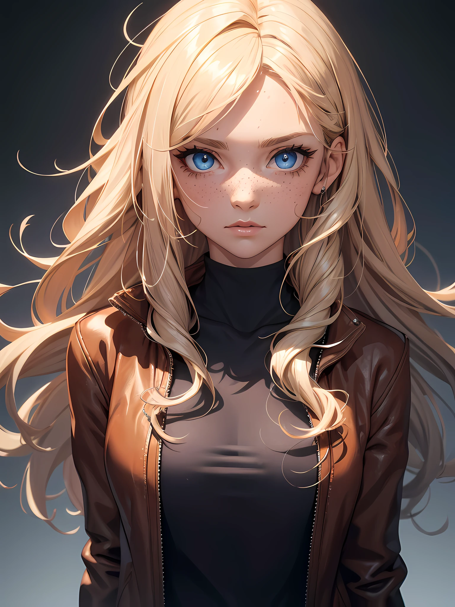 one woman, she had long blond curly hair, blue eyes, she had freckles, wearing a brown jacket, wearing a black top, close up, focus on face, grey background, ultrasharp, high res, 8k