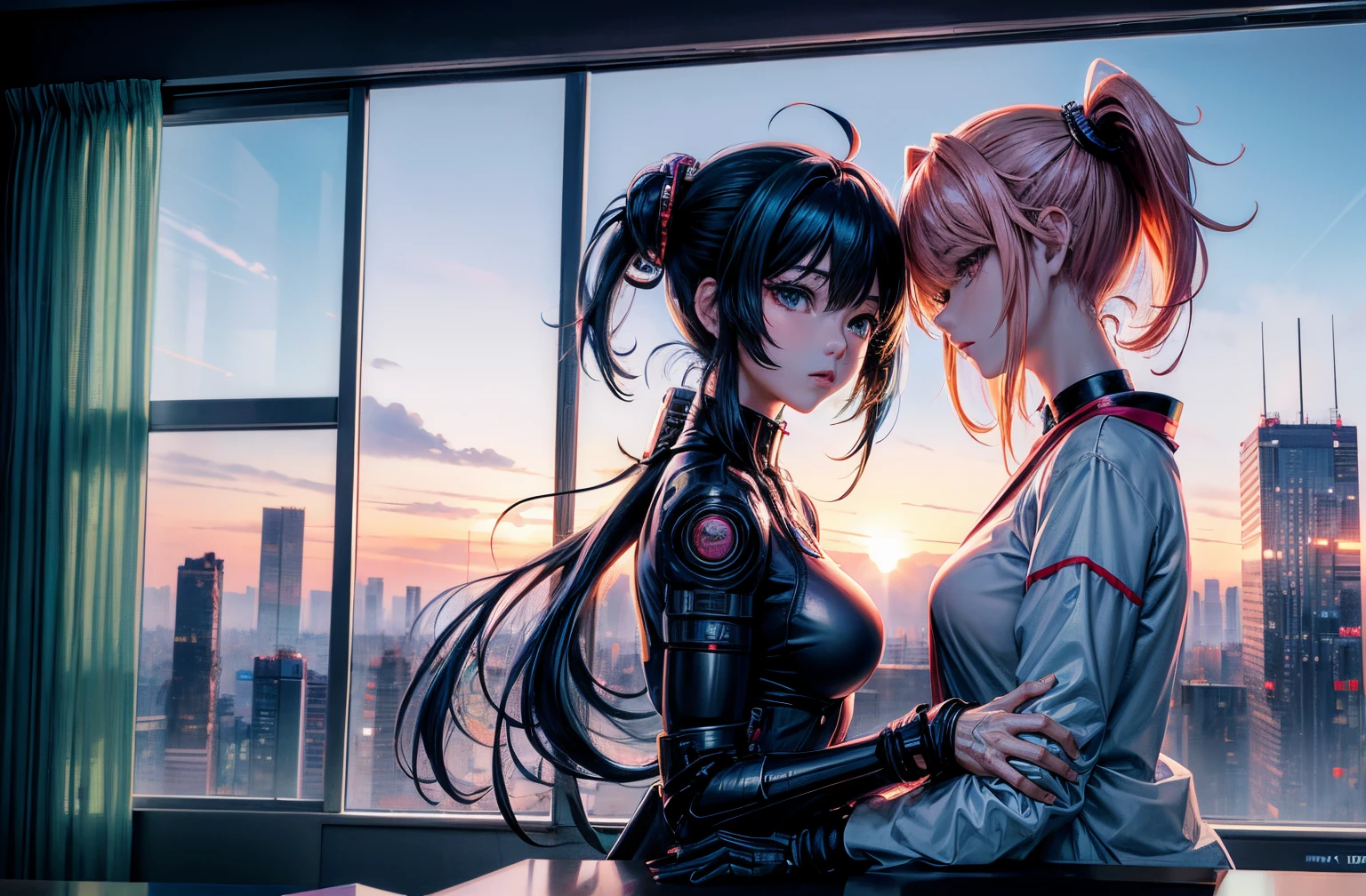 anime girls in a room overlooking the city, Anime style. 8K, anime style 4 k, anime wallpaper 4k, anime wallpaper 4k, 4k anime wallpaper, best anime 4k konachan wallpaper, Anime Art Wallpapers 4K, Anime Art Wallpapers 4K, anime styled 3d, modern cyberpunk anime, digital cyberpunk anime art, two beautiful anime girls