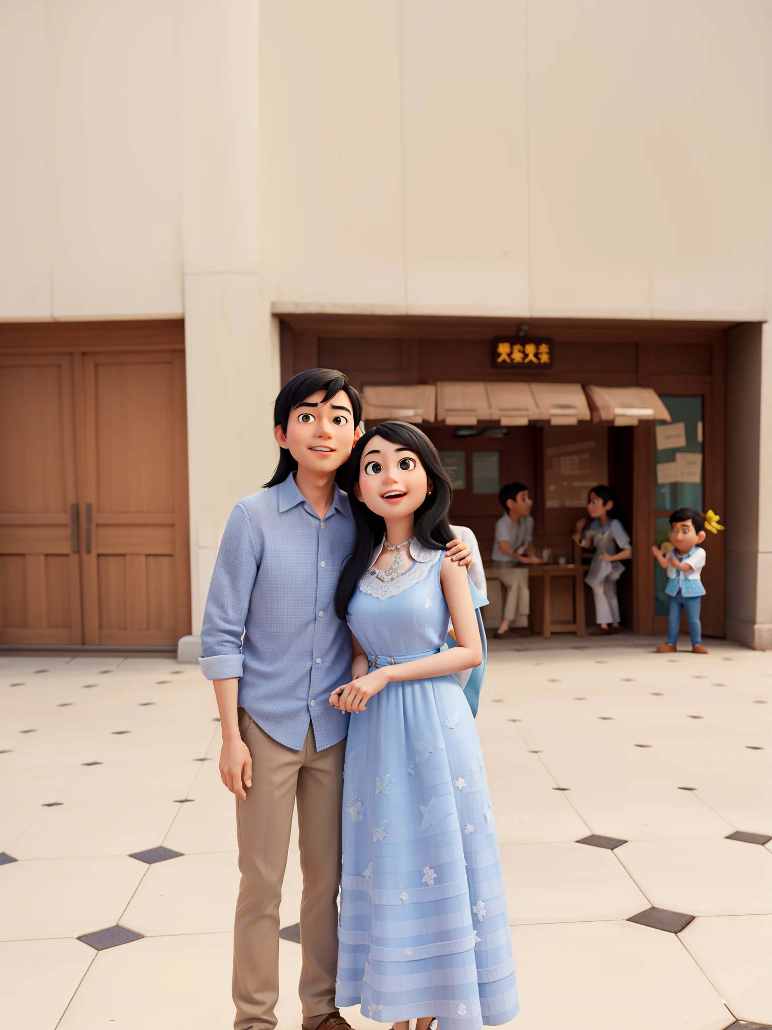 disney pixar poster a young couple tan skin asian man with black hair and light blue checkered collar shirt and white asian woman with black long hair blue frock standing together in front of restaurant , 3d animation