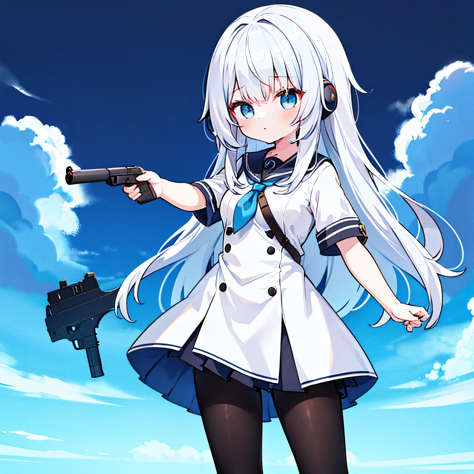 "anime girl, 1 person, silver-white hair mixed with black, blue eyes, wearing headphones, female shirt, female school uniform, big breasts, tights, standing cross-legged, holding a gun pointing at the perspective  , side view,loli , (full HD 4K+ image)"