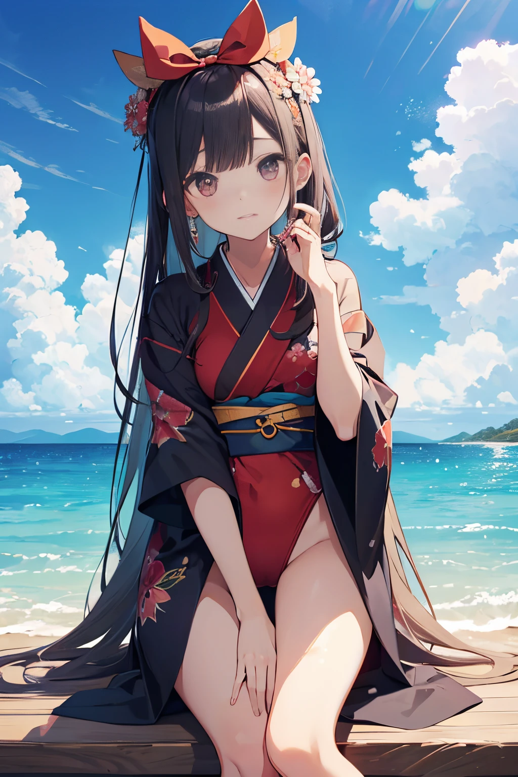 (full body, pov kimono style swimsuit) (beautiful body), (solo:2, 15 yo, blunt bangs:1.3 black hair long hair sexy shrine girl, sexy closed eyes, happy smile, small tits), (in a japanese beautiful maiden swimsuit, exposure wabisabi:1.3 white and red), break, in the Swimsuit contest venue, background Double Exposure beautiful ocean, BREAK, perfect anatomy, masterpiece, best quality, 16k, beautiful detailed love, sexy, daydreaming expression.