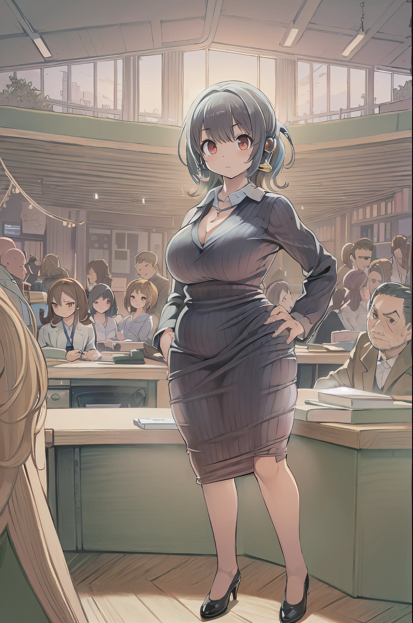 masutepiece, excellent, (Office: 1.8), Ultra-high-definition CG rendering, Standing, 1 Royal Sister, angry, Woman with short tanned hair, layered dress, Hands folded at the waist, Facing the audience, Illustration, Wide-angle panorama