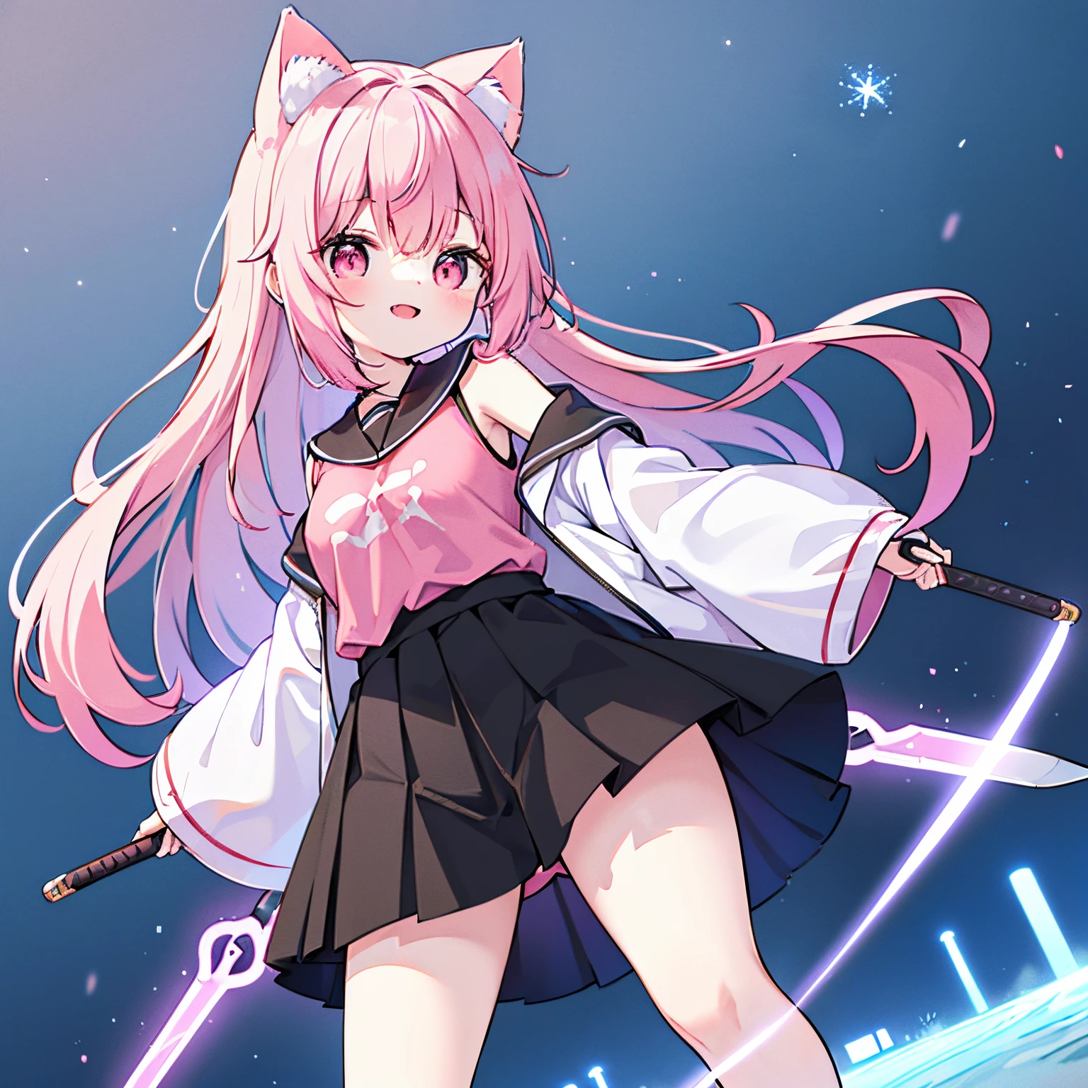 "anime girl, 1 person, pink hair, pink cat ears, pink eyes, t-shirt, white t-shirt, black women's open-shoulder jacket, black miniskirt, big breasts, has twin takana swords on her back, takana swords,  There are ice crystals flying around behind, holding a sword, fighting, dual takana swords, smiling triumphantly, solo, frontal view, standing cross-legged. (full HD 4K+ image)"