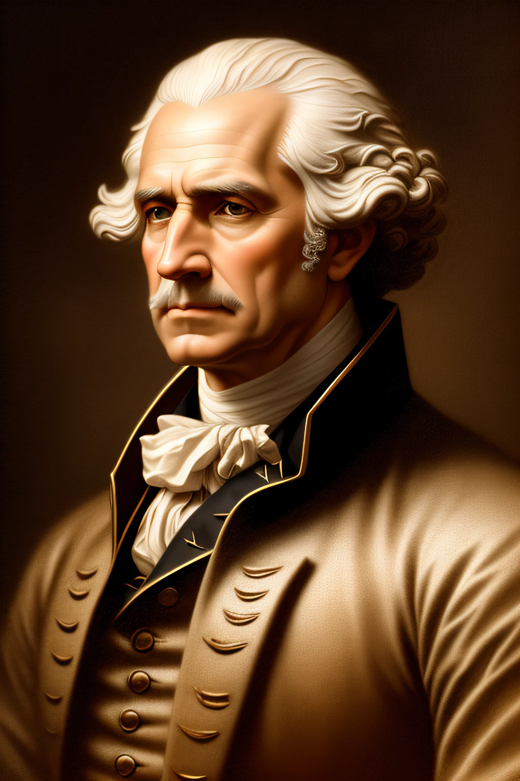 (best quality,4k,8k,highres,masterpiece:1.2),ultra-detailed,(realistic,photorealistic,photo-realistic:1.37),George Washington,bust portrait,serious expression,regal appearance,detailed eyes,sharp focus,classical lighting,soft shadows,noble attire,dark coat,white cravat,bronze sculpture-like texture,monochromatic color scheme,subtle warm tone,details of hair and skin,meticulously carved features,emotive depth,impressive historical figure,background of parchment and ink strokes,vivid brushwork,symbol of American history,eagle emblem,stars and stripes pattern