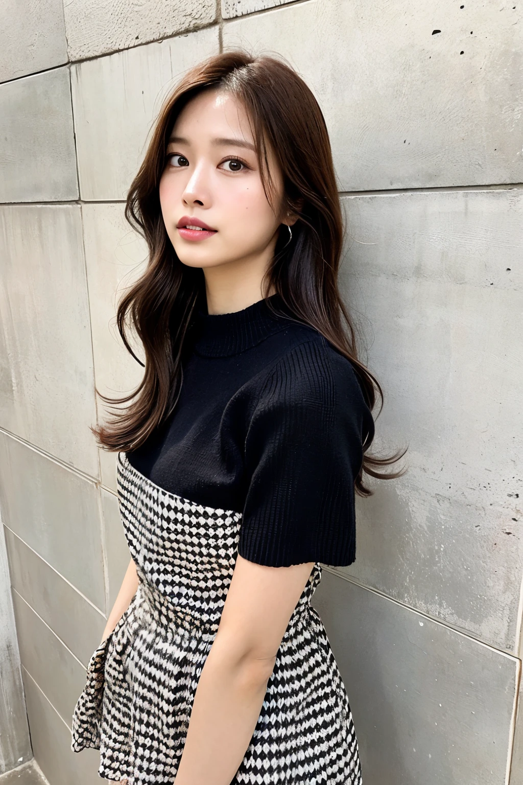 of the highest quality, 1 beautiful woman, age 28, S, 35mm lens, F/1, Cowboy Shot, Concrete background、Tile background、black waffle knit、Light brown、tile wall,From below、Wavy Hair、Medium Hair