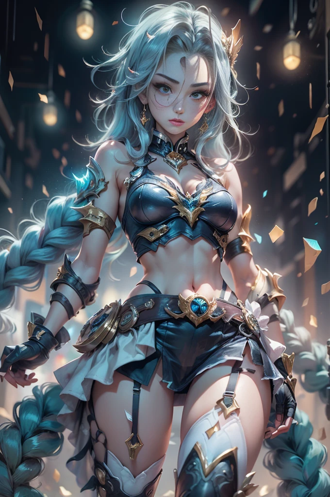 league of legend, (jinx \(league of legends\), 1girl, Blue double braids, Alone、full body shot of,standing on your feet,head to toe,Slim figure、White network set、White plastic tights with thin clothes, Gold gloves、 ((mini-skirts)),Wear pink tights under skirt、 (Full body suit that does not expose skin), shiny thin clothes、White plastic ceramic full body suit、Fitted armor,jinxlol