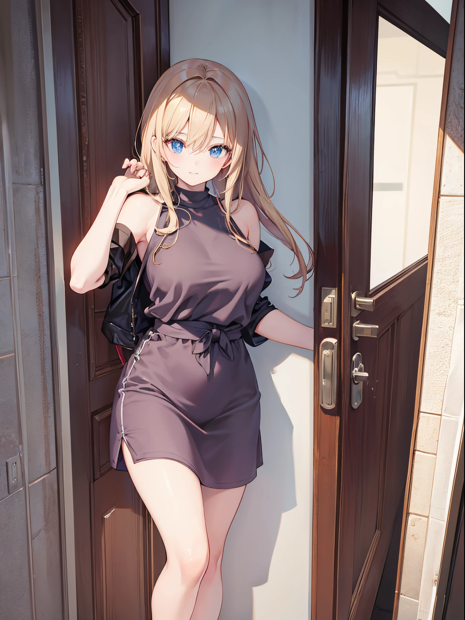 A woman leaning against the door posing for a photo, The head is not exposed，Wearing half-sleeved upper body，[ 4K realism ]!!, [ 4K realism ]!!!, [ 4K digital art ]!!, Realistic shadow perfect body, realisticlying!!!!!!! art-style, photorealistic anime, by Shitao, Popular topics on cgstation, Casual pose, realistic anime 3D style