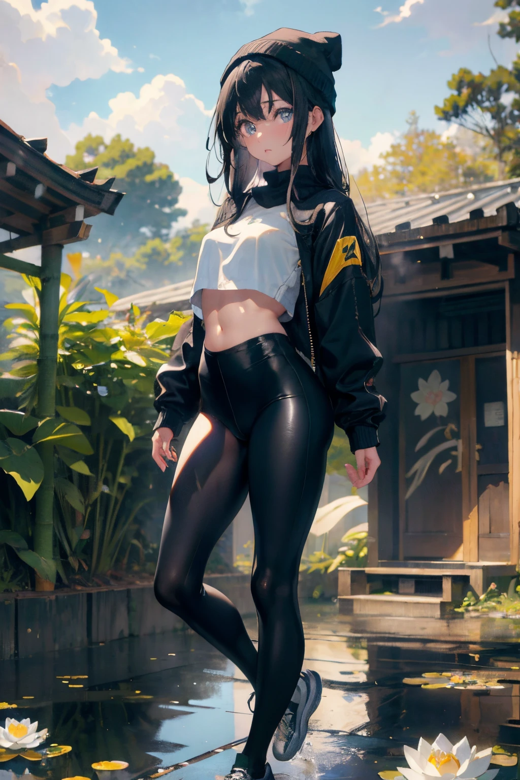 (masterpiece:1.2、top-quality)、(graffiti wall:1.2)、1lady、Beanie、jaket、leggins、blue eyess、full bodyesbian、1womanl,small loli,Small breasts,独奏,(Background with:bamboo forrest,lotuses,The lotus flowers,outside of house,lotus pond) She has short black hair,standing on your feet,Sweat profusely,Drenched all over the body,Seen from the front, Hair straightening, Mostly cloudy sky,(((tmasterpiece),(Very detailed CG Unity 8K wallpaper),best qualtiy,cinmatic lighting,细致Background with,beatiful detailed eyes,Bright pupils,Black eyes,(Very fine and beautiful),(Beautiful and detailed eyes description),ultra - detailed,tmasterpiece,)),facing at camera,hight resolution,ultra - detailed),Revealing breasts,Genital only, Bulge,legs are open,Raised sexy,Camel toes,flushed complexion,bocchi,frontage,(Wearing:black legging pants,Skinny Gel Coat,nakeness,Gold wire embroidery,bared chest,bare lower body,Athletic Sneakers)Full body photo,Show Shoes、
