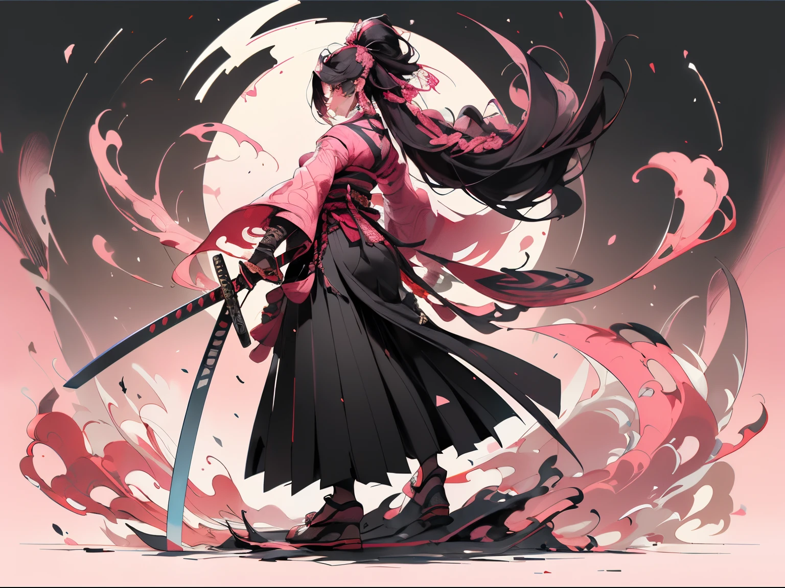 arma, back view of one girl, Long hair,Male Focus, Sword, 独奏, Komono, Holding, holding weapon, katanas, holding swords, scabbard, , , long sleeves, ,pink haori, , Hakama, Kimono, sheathed,fullllbody, Back view
,,