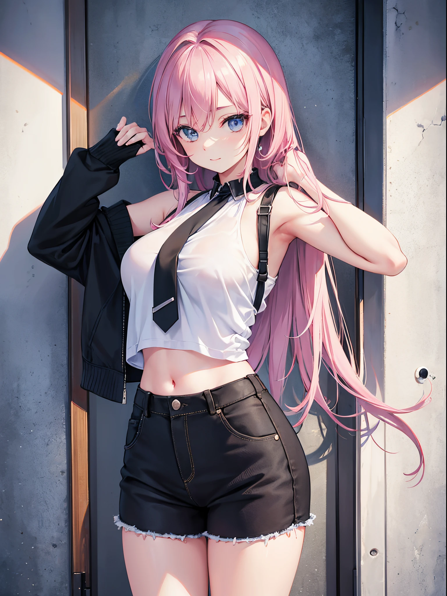A woman leaning against the door posing for a photo, The head is not exposed，Wearing half-sleeved upper body，[ 4K realism ]!!, [ 4K realism ]!!!, [ 4K digital art ]!!, Realistic shadow perfect body, realisticlying!!!!!!! art-style, photorealistic anime, by Shitao, Popular topics on cgstation, Casual pose, realistic anime 3D style