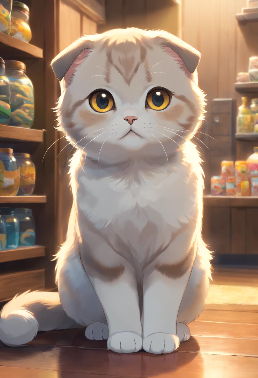 A Scottish Fold cat, adorable, rounded eyes , with tattooed paws, selling fish. (best quality,4k,8k,highres,masterpiece:1.2),ultra-detailed,(realistic,photorealistic,photo-realistic:1.37)