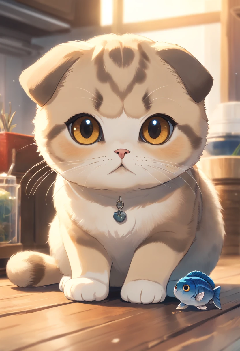 A Scottish Fold cat, adorable, rounded eyes , with tattooed paws, selling fish. (best quality,4k,8k,highres,masterpiece:1.2),ultra-detailed,(realistic,photorealistic,photo-realistic:1.37)