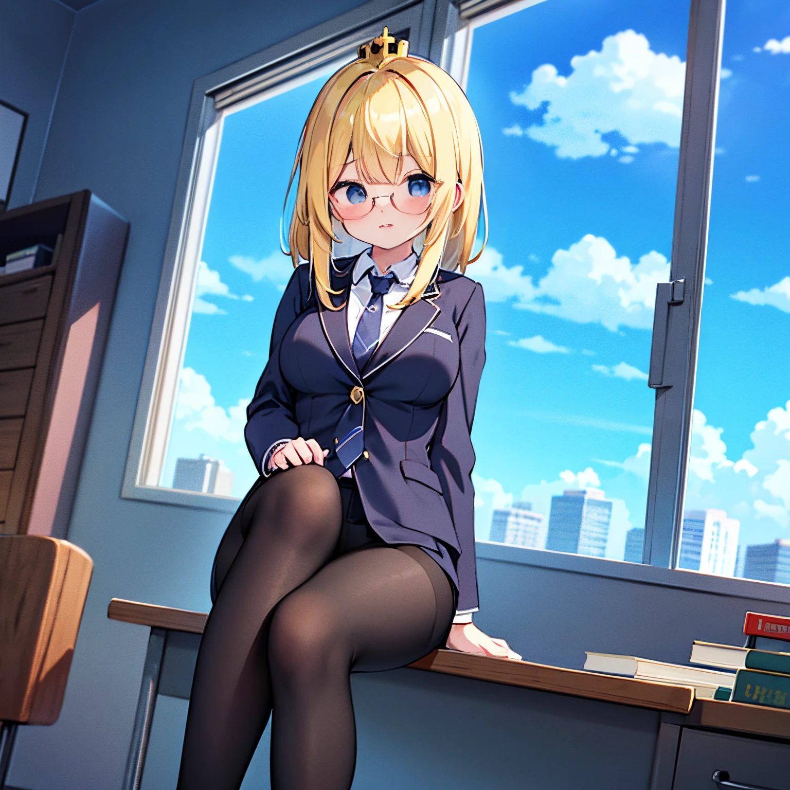 "anime girl, 1 person, blonde hair, glasses, crown, women's shirt, suit, tie, office clothes, front view, big breasts, tights, sitting on desk , bright sky, sitting cross-legged, high heels, (full HD 4K+ image)"