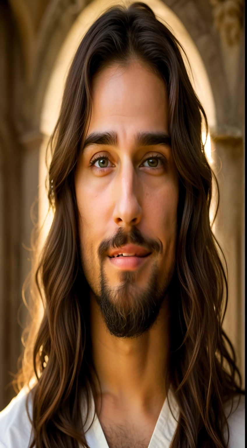 Looking at camera,Fundo do Pandora's Pastry Pub, cara cheia,Jesus of Nazareth is depicted in the image as a compassionate and gentle figure at shoulder height, cabelos castanhos ondulados em cascata sobre seus ombros. His mesmerizing hazelnut eyes convey a deep sense of wisdom and empathy, radiating warmth and understanding. A serene smile graces his lips, iluminando seu rosto com uma tranquilidade sobrenatural. Ele usa um simples, Fluid mantle of earthy tones, acentuada por costuras intrincadas ao longo das bordas, symbolizing humility and modesty. His outstretched arms bear the marks of the crucifixion, reminding viewers of his final sacrifice for humanity. O fundo revela uma paisagem serena, Banhado em um macio, ethereal glow, evoking a sense of divine presence. The image captures the essence of Jesus, retratando-o como um farol de amor, Forgiveness, and divine grace.((Looking at camera))(Rosto extremamente detalhado), (olhos extremamente ultradetalhados, cabelos extremamente ultradetalhados, Extremamente detalhado