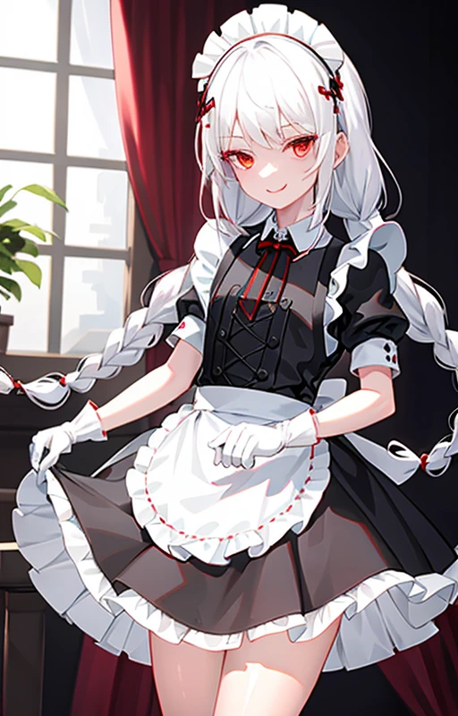 best quality, ultra detailed, 1girl, solo, standing, white hair, twin braids, red eyes,maid headdress,maid apron, bangs,white gloves, stare, smile, looking at viewer, (interview:1.3),