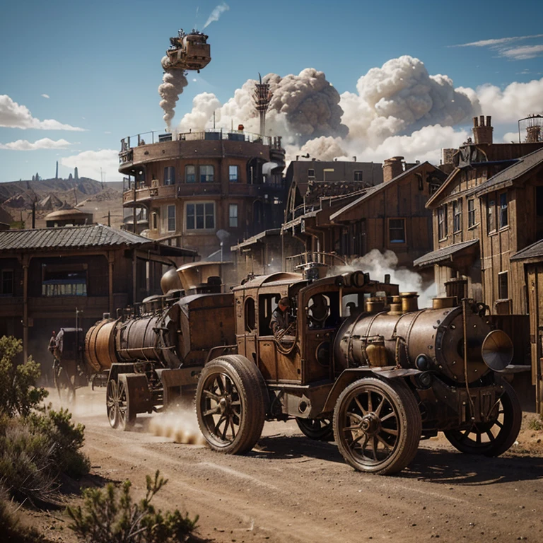 brass and copper gadgets adorn cowboy hats, and saloons buzz with the hiss of steam engines. It's a wild frontier where mechanical contraptions mix with rustic charm, where gunslingers duel with clockwork pistols, and airships glide through the sky, propelled by gears and steam. The landscape is a blend of rugged desert vistas dotted with towering factories emitting billows of steam, while towns blend old-west architecture with intricate clockwork mechanisms. Steam punk wasteland. In this steampunk western chaos, clanking machinery clashes with the rugged wilds! Picture bustling towns, cobbled together with scrap metal and brass pipes, where steam-powered carriages weave through narrow streets. Whirling gears spin atop wooden buildings adorned with rusted turbines, while eccentric inventors tinker away on sprawling contraptions that spit sparks into the air. Cowboys and outlaws strut in attire embellished with gears and goggles, wielding fantastical firearms that hiss and whirr. The landscape is a mishmash of industrial complexes jutting out from the untamed desert, where bizarre inventions and gritty cowpoke life collide in a cacophony of steam-powered pandemonium!