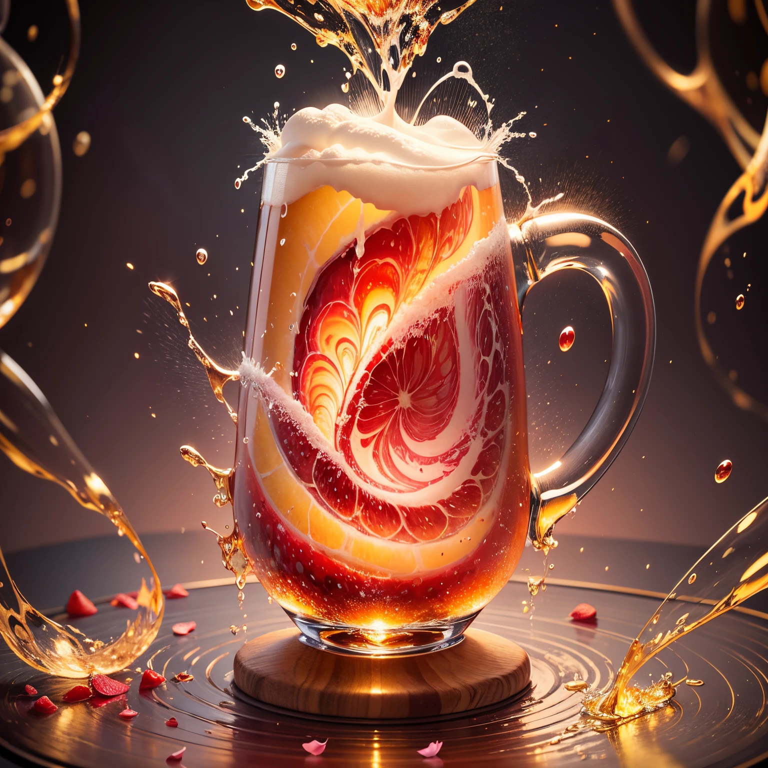 At the heart of the composition, a dynamic swirl emerges, embodying the essence of a beer fountain. Delicate strokes resembling strawberries cascade in lively arcs, intertwining with the spirited dance of hawthorn petals. Along the edges, effervescent honeydew shapes burst forth, creating a playful and refreshing effervescence. --auto --s2