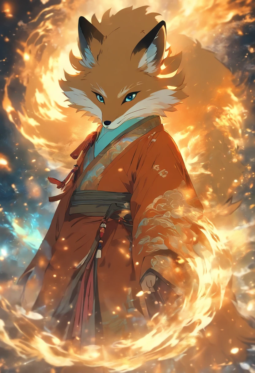 (tmasterpiece), (Best quality), Cinematic quality,Rendered by Octane,Ultra-detailed details,1 boy,Cool action,Wearing ancient Chinese Hanfu,(Ancient Chinese Formation:1.2),energy surround,blue energy particle fluid,Fairy air fluttering,Luminous magic circle,Summon ancient beasts,(Behind him,is a huge fox:1.5)
