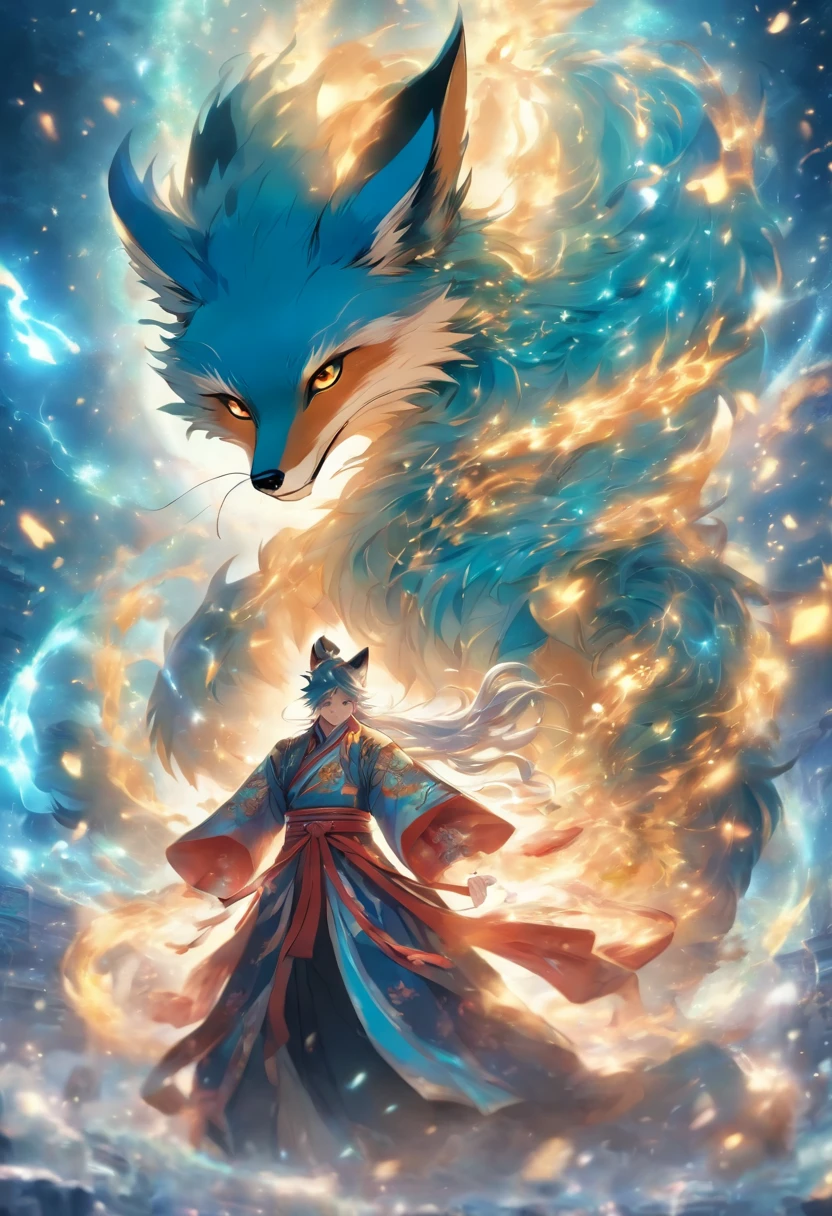 (tmasterpiece), (Best quality), Cinematic quality，Rendered by Octane，Ultra-detailed details，1 boy,Cool action，Wearing ancient Chinese Hanfu，(Ancient Chinese Formation:1.2),energy surround，blue energy particle fluid，Fairy air fluttering，Luminous magic circle，Summon ancient beasts，（Behind him，is a huge fox：1.5）