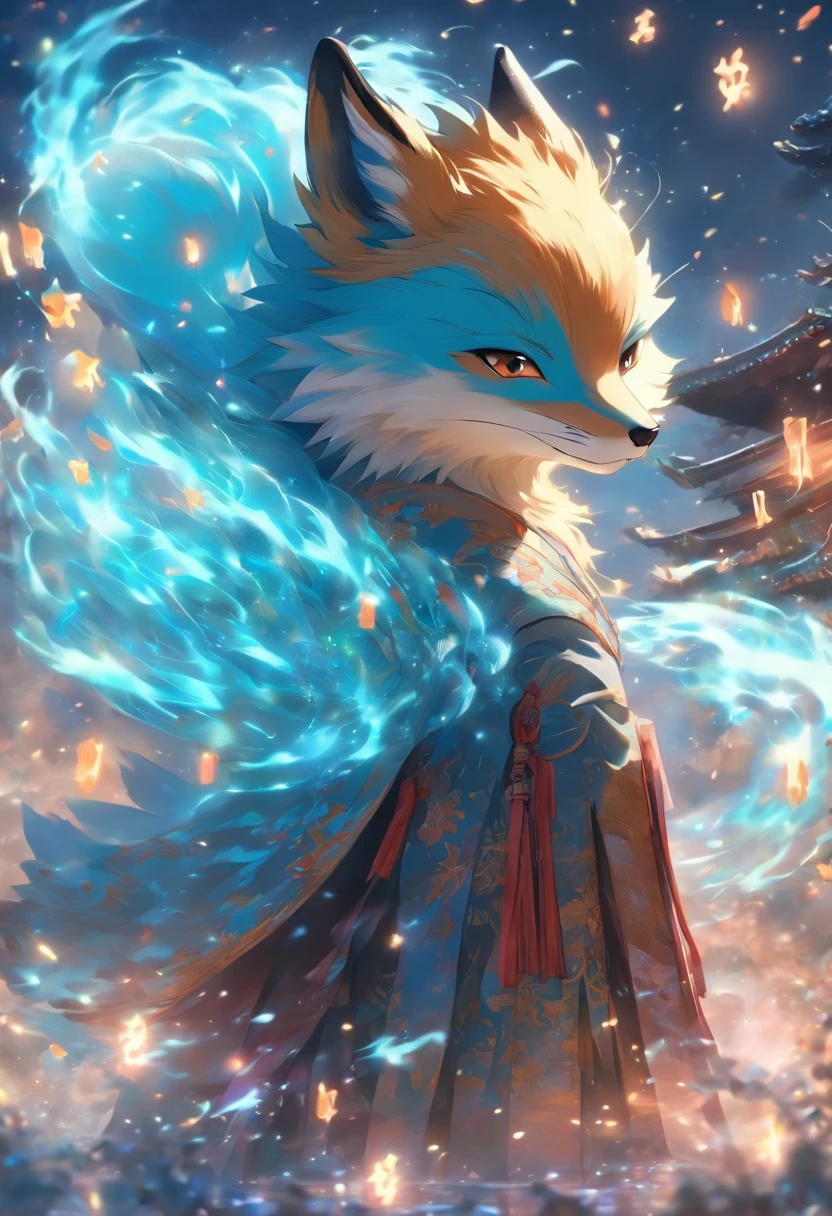 (tmasterpiece), (Best quality), Cinematic quality，Rendered by Octane，Ultra-detailed details，1 boy,Cool action，Wearing ancient Chinese Hanfu，(Ancient Chinese Formation:1.2),energy surround，blue energy particle fluid，Fairy air fluttering，Luminous magic circle，Summon ancient beasts，（Behind him，is a huge fox：1.5）