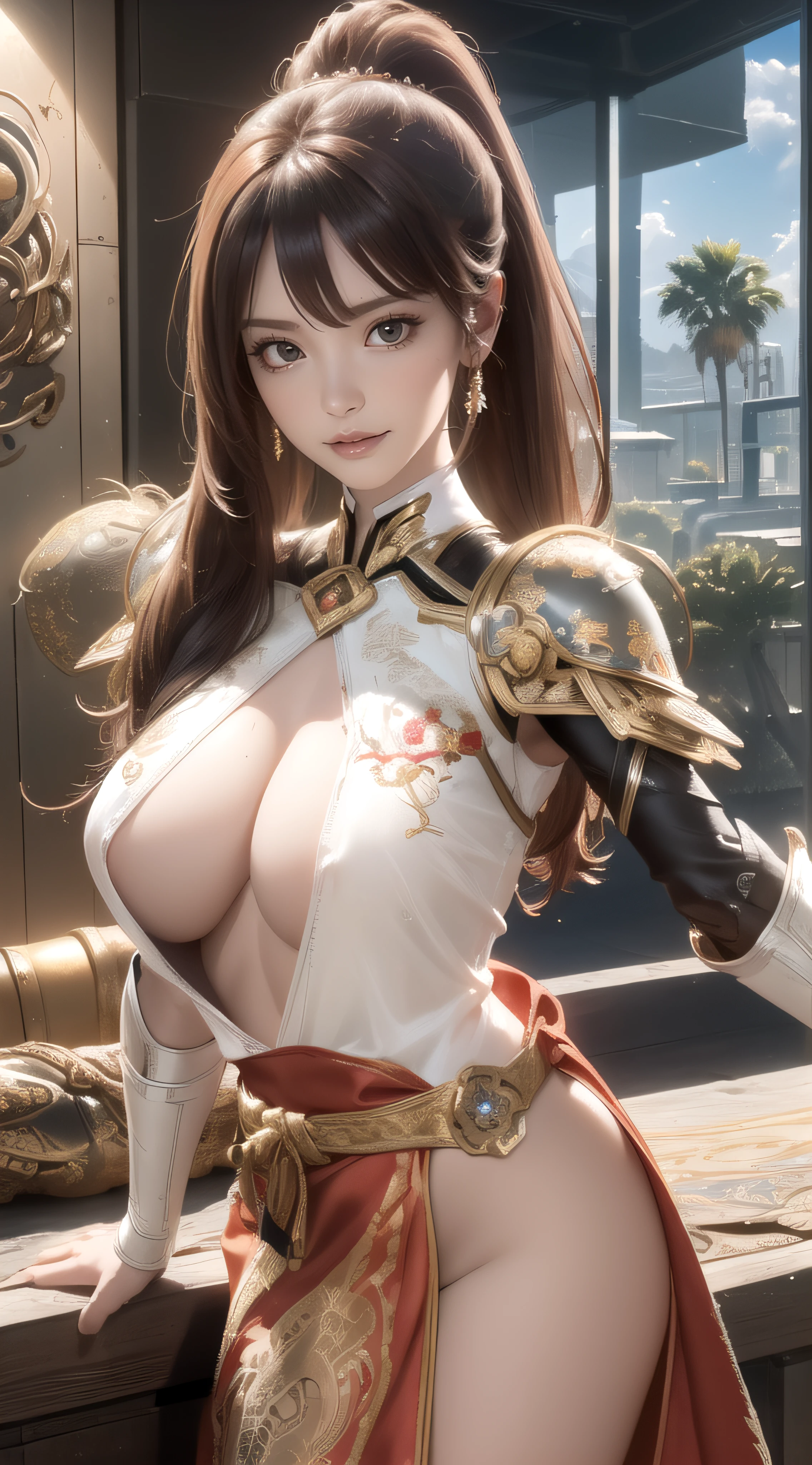 1girl,(ultra detailed skin),curvy,petite,beautiful breasts,large breasts,pale skin,pointy breasts,erect nipples,(fantasy art,Highest image quality,Hyperrealist portrait,(8k),ultra-realistic,best quality, high quality, high definition, high quality texture,high detail,beautiful detailed,fine detailed,extremely detailed cg,detailed texture,a realistic representation of the face,masterpiece,Sense of presence,Dynamic,bold),ponytail,(thin hair),(soft hair),(straight hair:1.5),Swept long bangs,extra light coppery amber hair,hair over one eye,((clothed:1.5),leather boots,leather gauntlet,(futuristic armor:1.5),(embroidered dress:1.5),(long silk sarong:1.5))),(seaside:1.5)