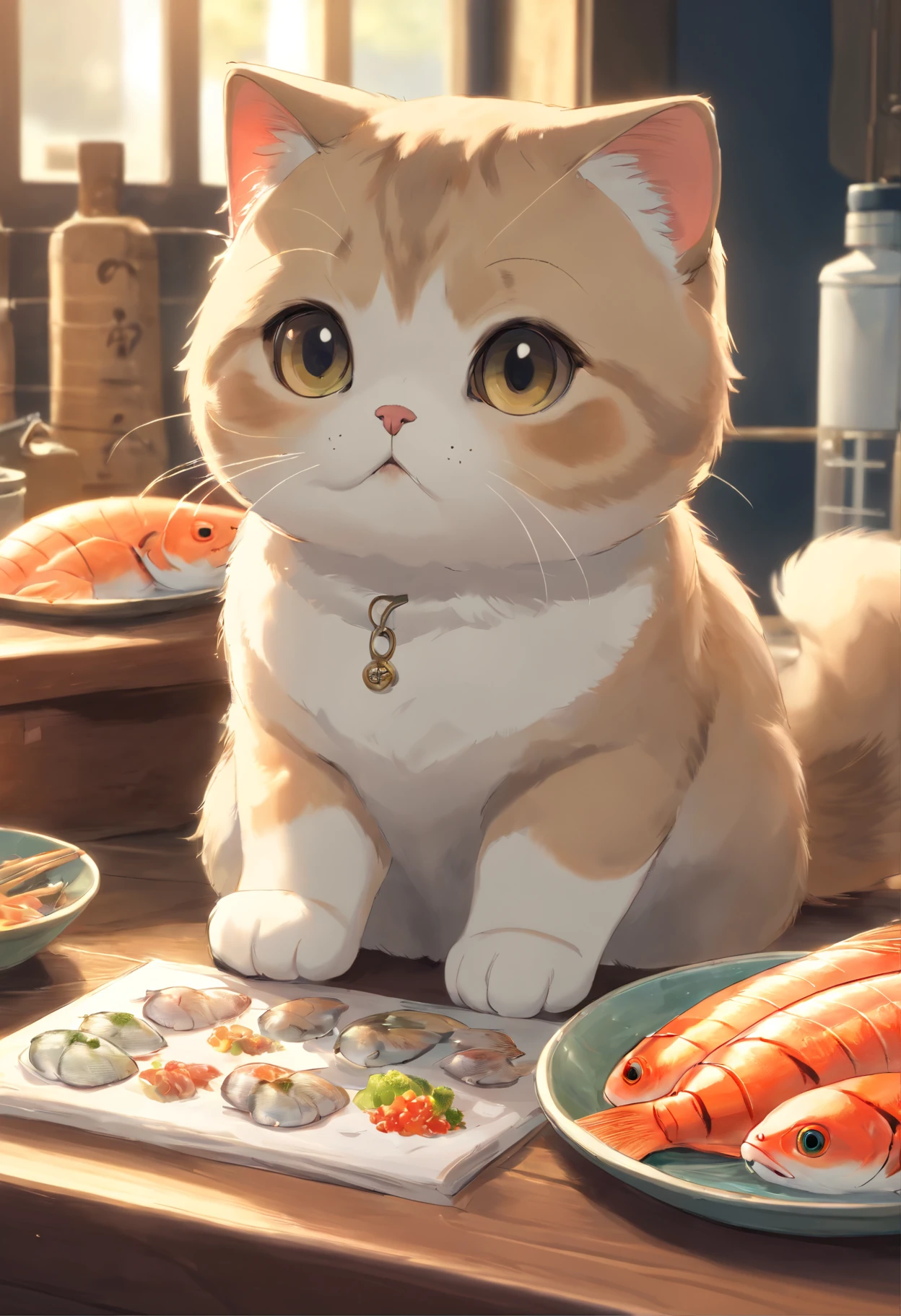A Scottish Fold cat, adorable, rounded eyes , with tattooed paws, selling fish. (best quality,4k,8k,highres,masterpiece:1.2),ultra-detailed,(realistic,photorealistic,photo-realistic:1.37)