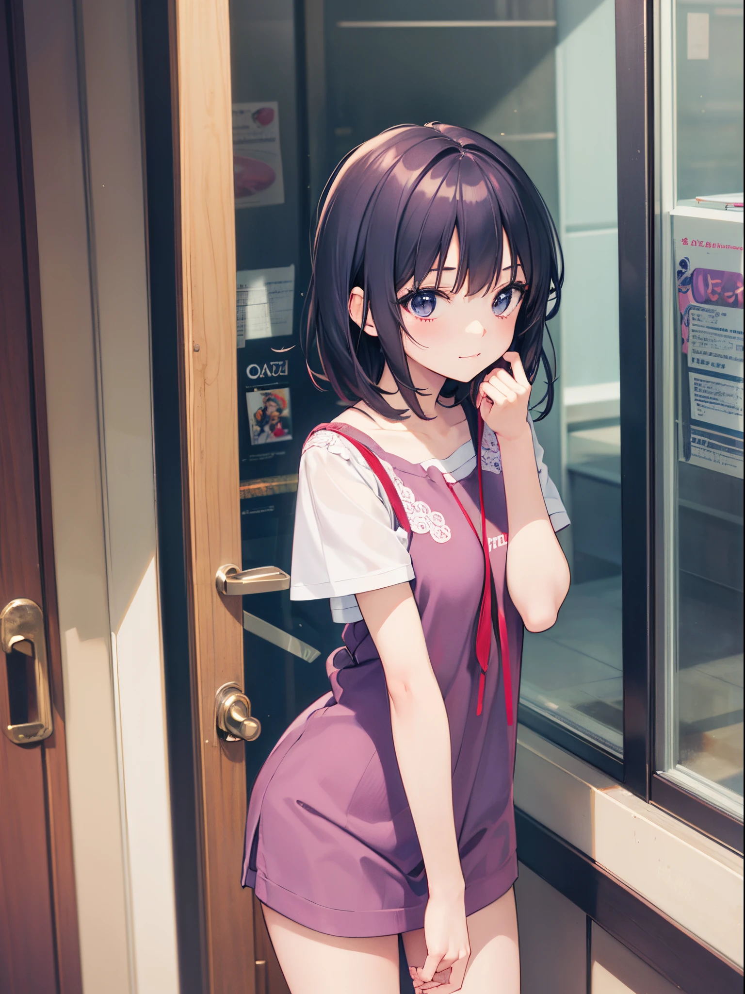 A woman leaning against the door posing for a photo, an anime drawing by Shitao, Hot topics on pixiv, scribbles, realistic anime 3D style, seductive anime girls, attractive anime girls, Guweiz style artwork, beautiful alluring anime teen, Casual pose, anime girl in real life, realistic young anime girl, ecchi style
